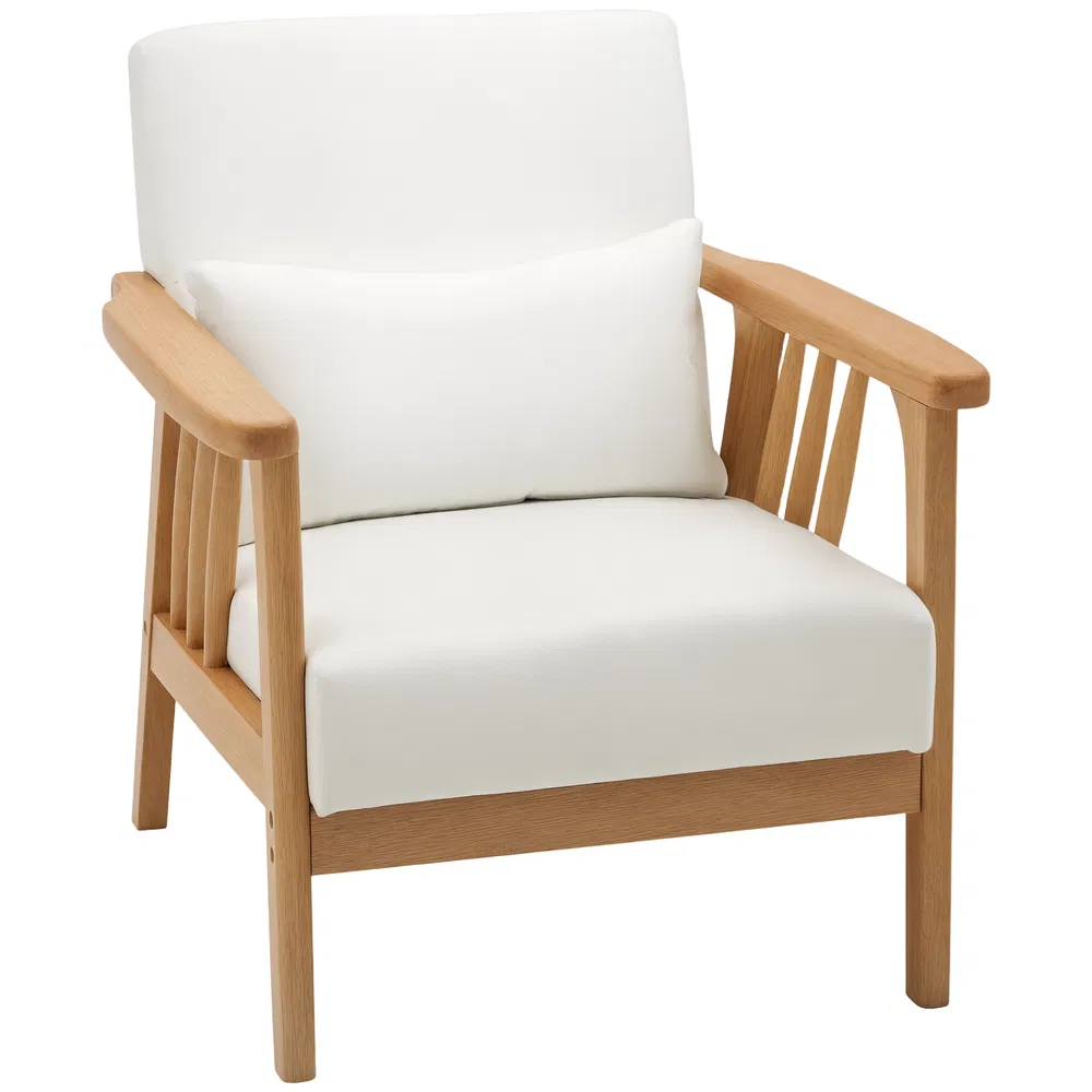 Armchair Upholstered Lounge Chair with Rubber Wood Frame Throw Pillows and Comfortable Cushion, White photo 2