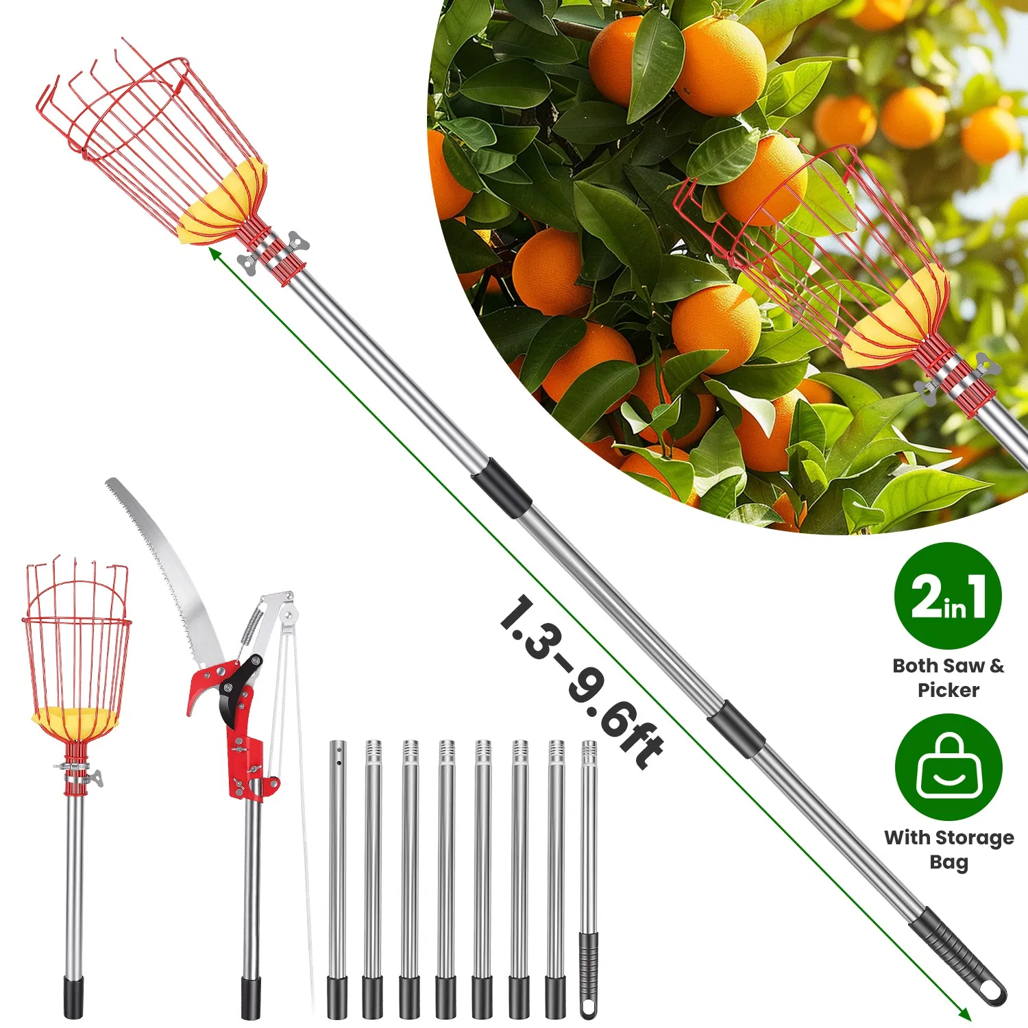 2-in-1 Pole Saw & Fruit Picker with Extendable Stainless Steel Pole photo 1