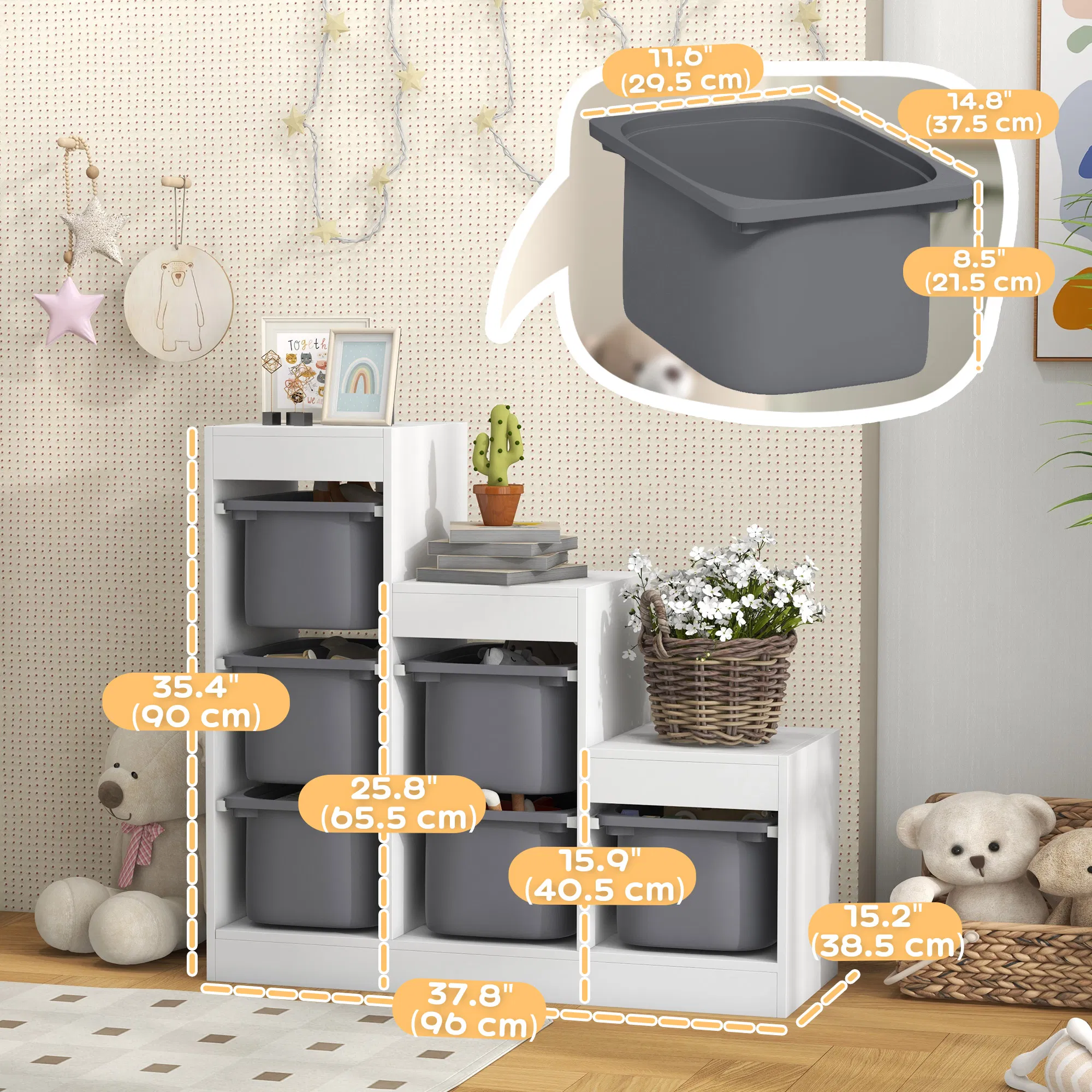 3 Layers Toy Storage Organizer Kids Bookshelf Children Toy Storage w/ 6 Plastic Bins, White photo 3