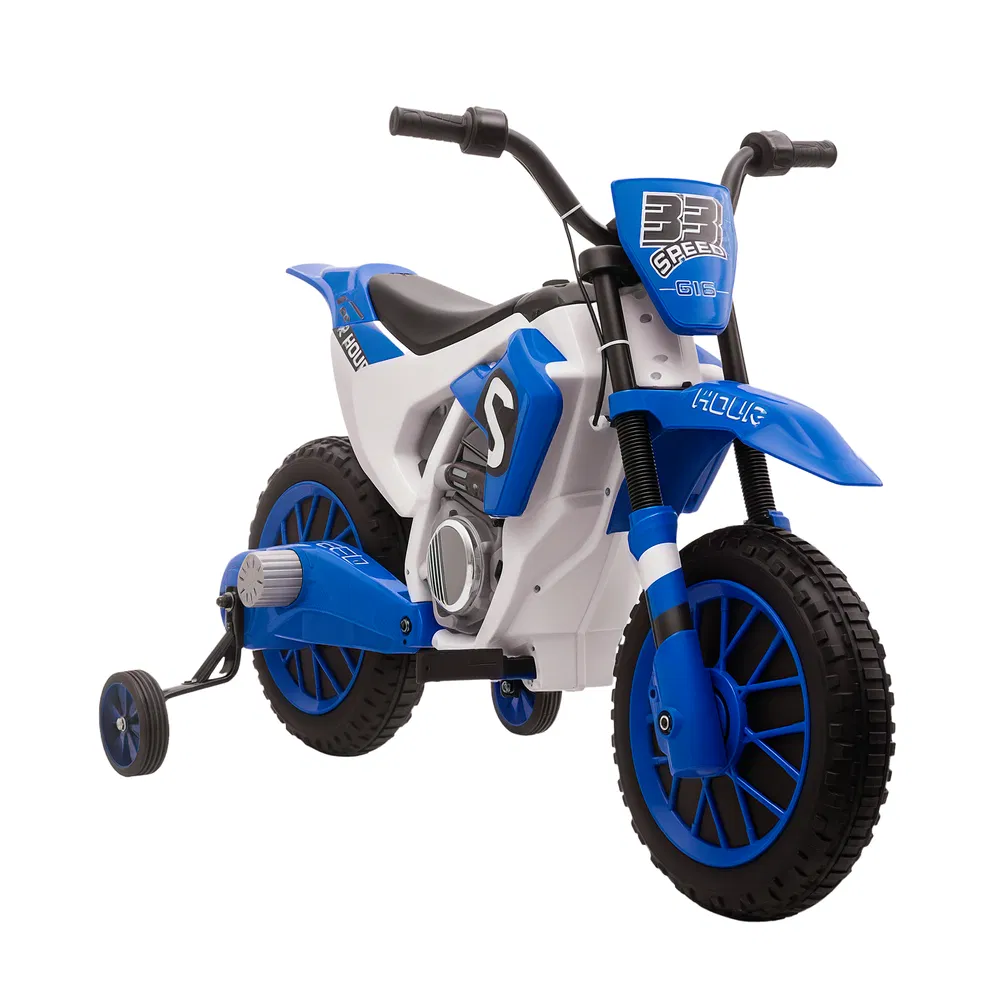 Kids Dirt Bike Battery-Powered Ride-On Electric Motorcycle with Charging 12V Battery, Training Wheels Blue photo 2
