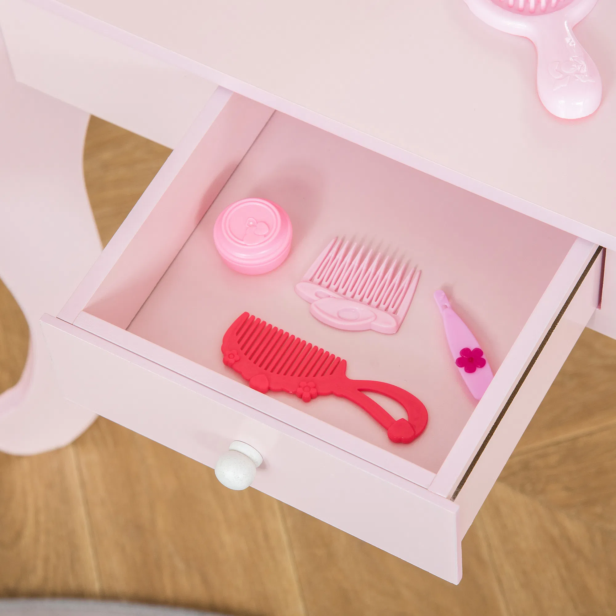Kids Vanity Table Set with Mirror and Stool, Drawer, for 3-6 Years, Pink photo 3