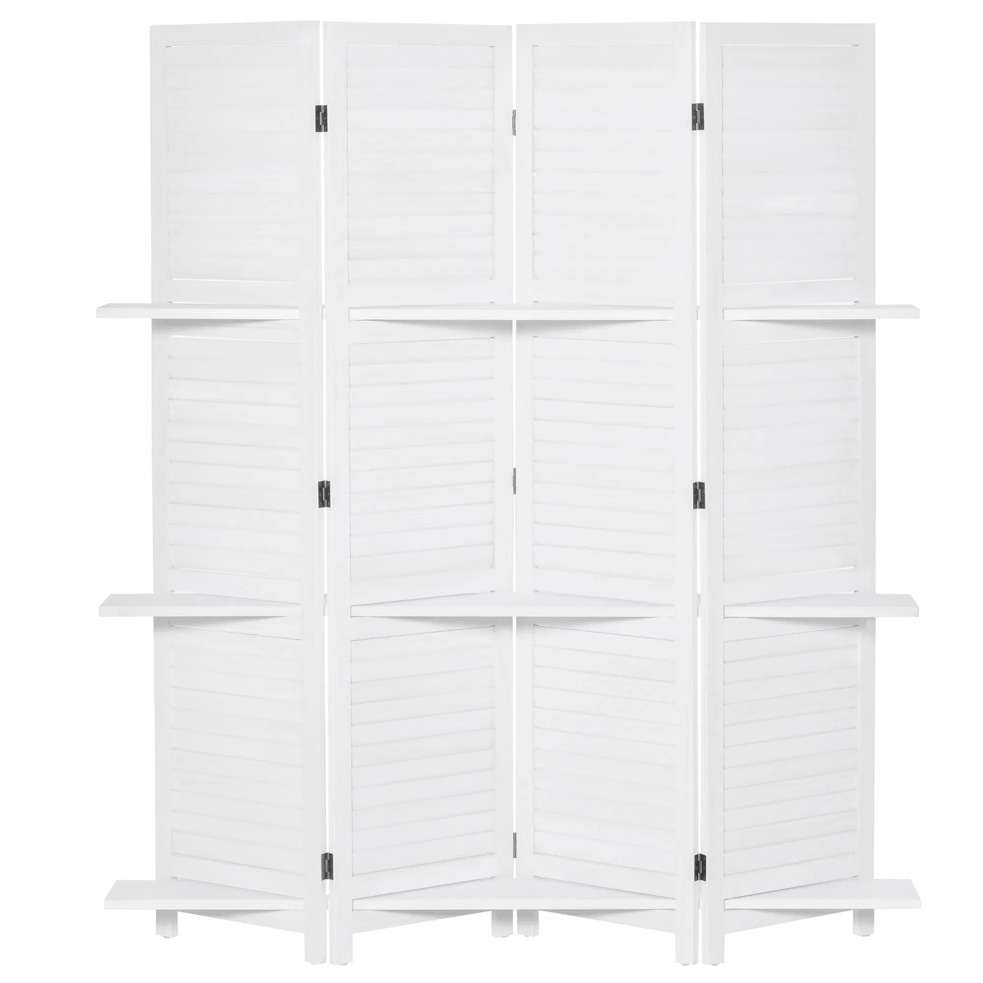 4-Panel Wall Partition Room Separator with 3 Storage Shelves Foldable Design Wooden Frame 5.6FT White photo 1