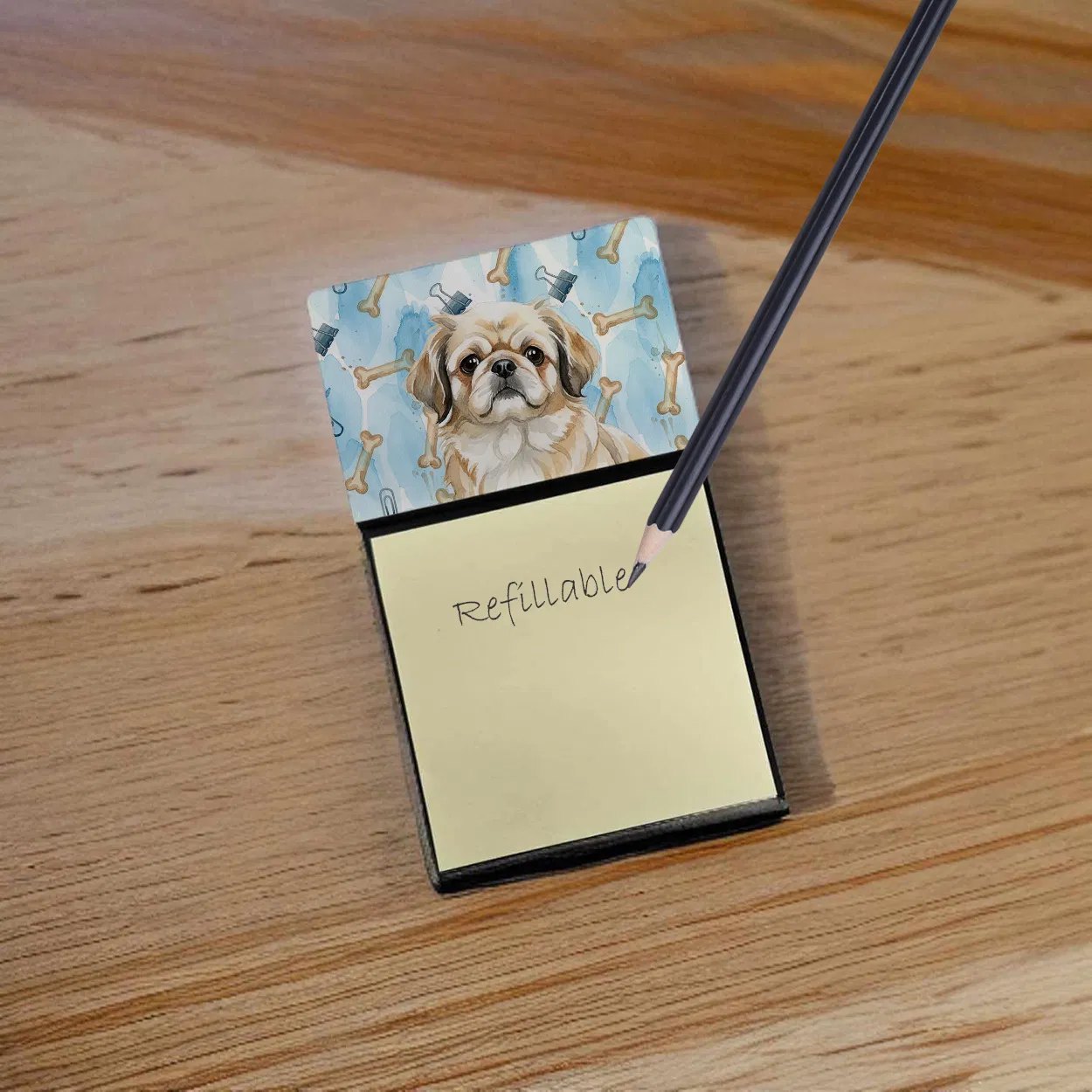 Fawn Pekingese Coworker Watercolor Sticky Note Holder Refillable Dispenser Desk Accessory 3x3 Pad Gift photo 3