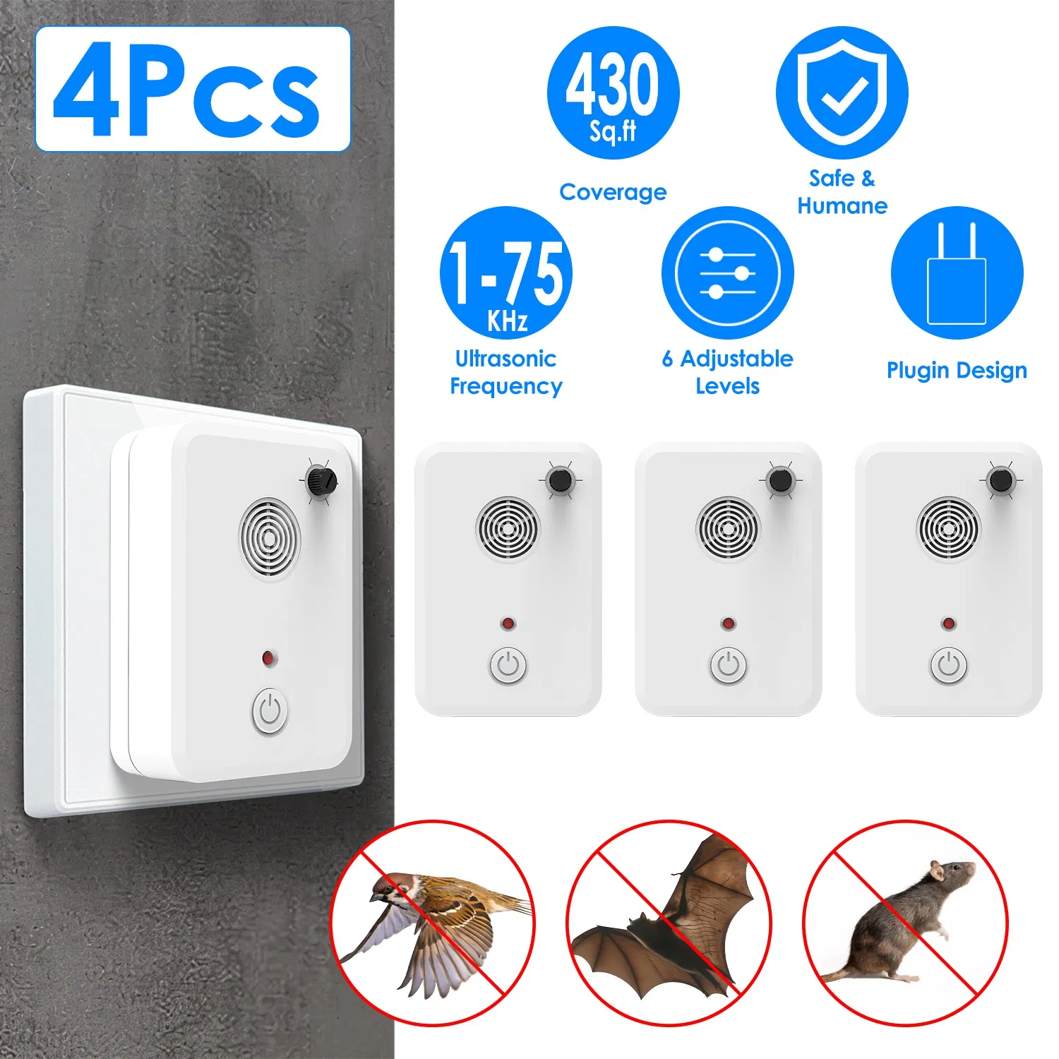 4 Packs Ultrasonic Pest Repeller, 1-75KHz 6 Adjustable Levels for Bats Birds Mice, Humane Indoor Pest Control photo 1