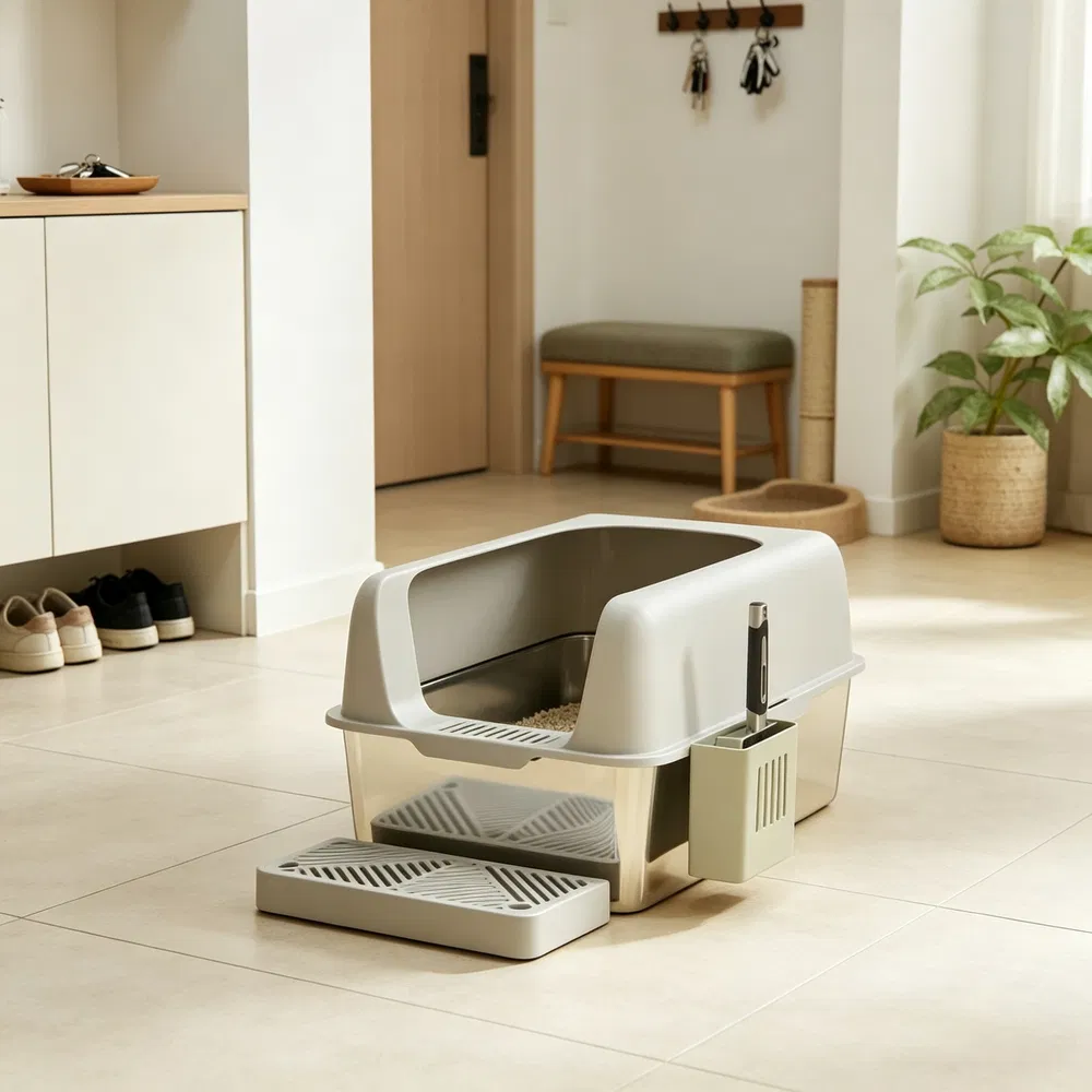 Light Gray 2 Pack High Sided Stainless Steel Litter Box Anti-Urine Leakage for Multi-Cat Households photo 2
