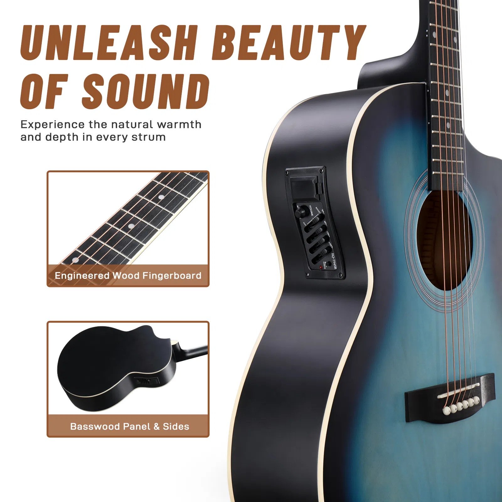 Replace 43636604KMA102 41In Basswood Panel Matte Edging Folk Guitar with 15W Amplifier Bag Tuner and other Accessories Rubbed blue photo 6