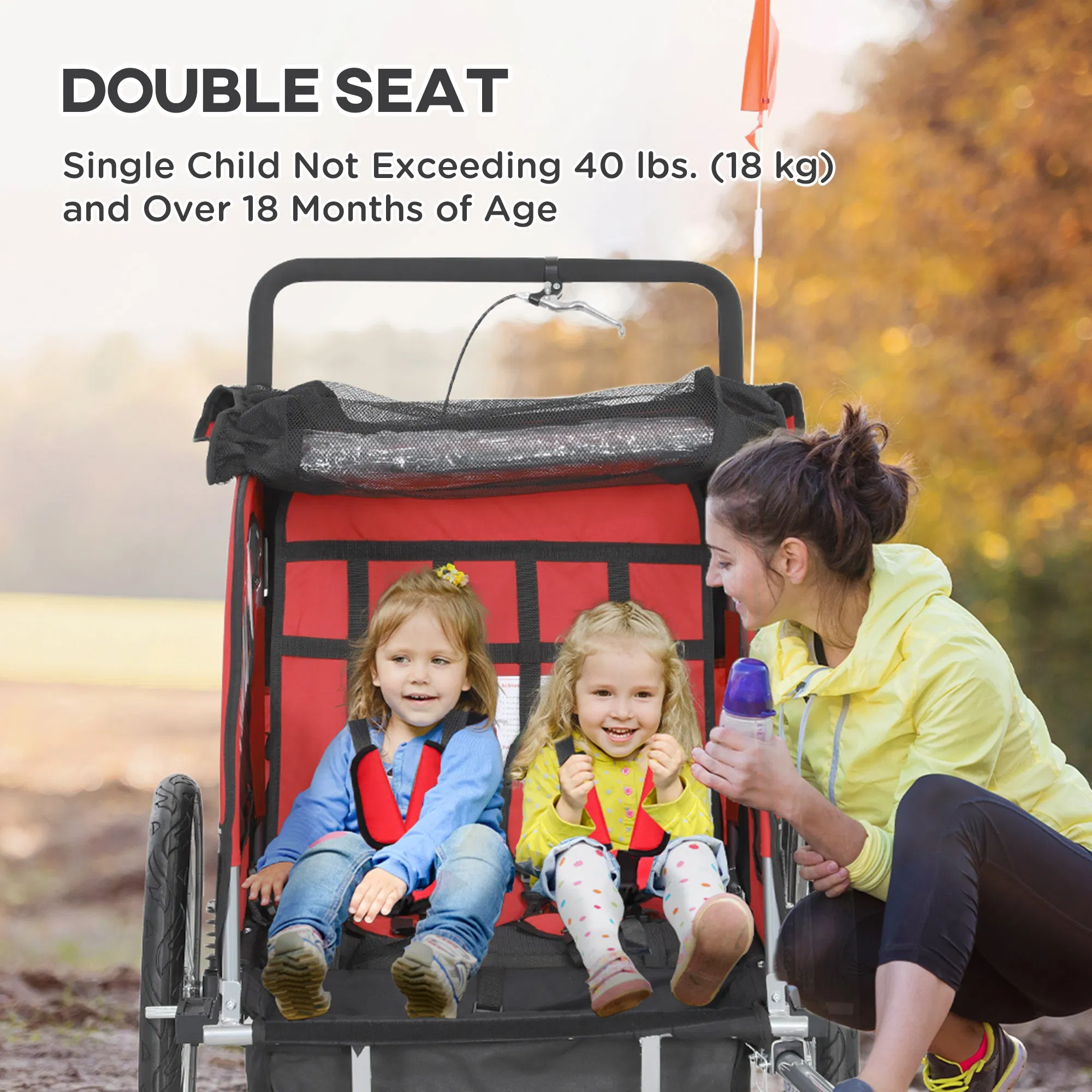 2-in-1 Bike Trailer for Kids, Foldable 2-Seat Baby Stroller with 5-Point Harness, Rubber Wheels, Storage Bag, Red photo 2