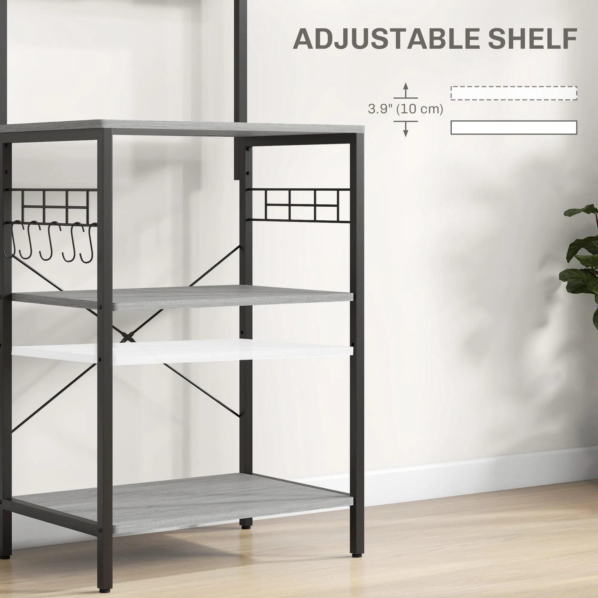 Kitchen Baker's Rack with Power Outlet, Coffee Bar Station with Adjustable Shelves and Hooks, Distressed Grey photo 3