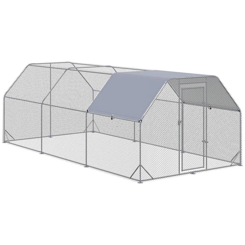 Chicken Run, Galvanized Large Metal Chicken Coop Cage, Walk-in Enclosure Poultry Hen Run House Playpen Rabbit Hutch with Flat Roof, Cover, 9.2' x 18.7' x 6.5', Silver photo 7