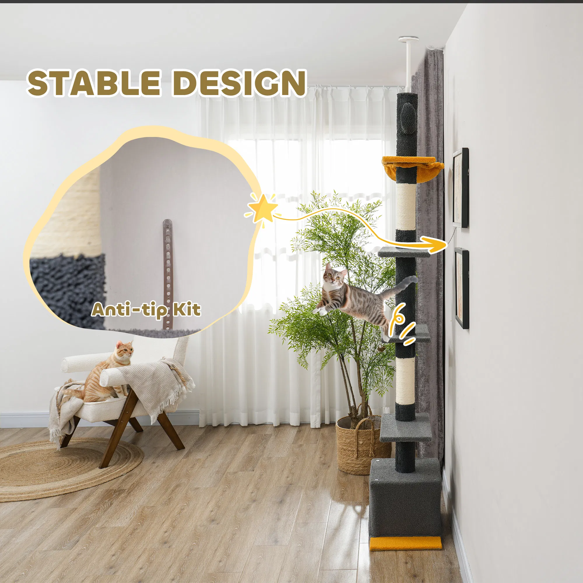 Floor to Ceiling Cat TreeTower with 90.5"-108" Adjustable Height, Scratching Posts, Hammock, Condo, Toy Ball, Dark Grey photo 2