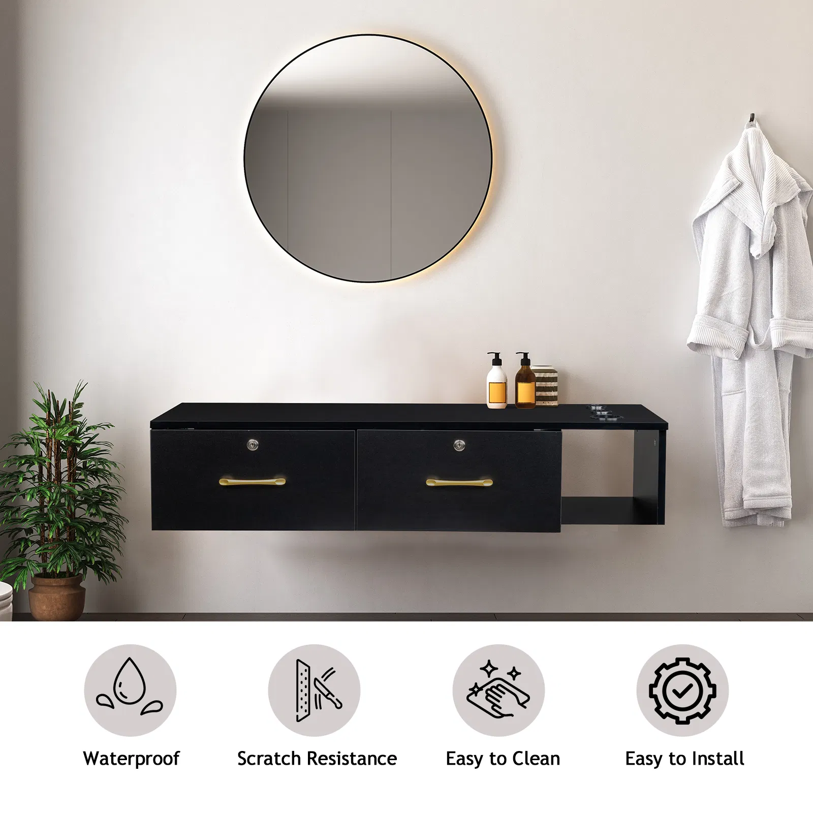 15cm E0 particleboard with hemp surface, two draws and three holes with lock, salon cabinet, black photo 1
