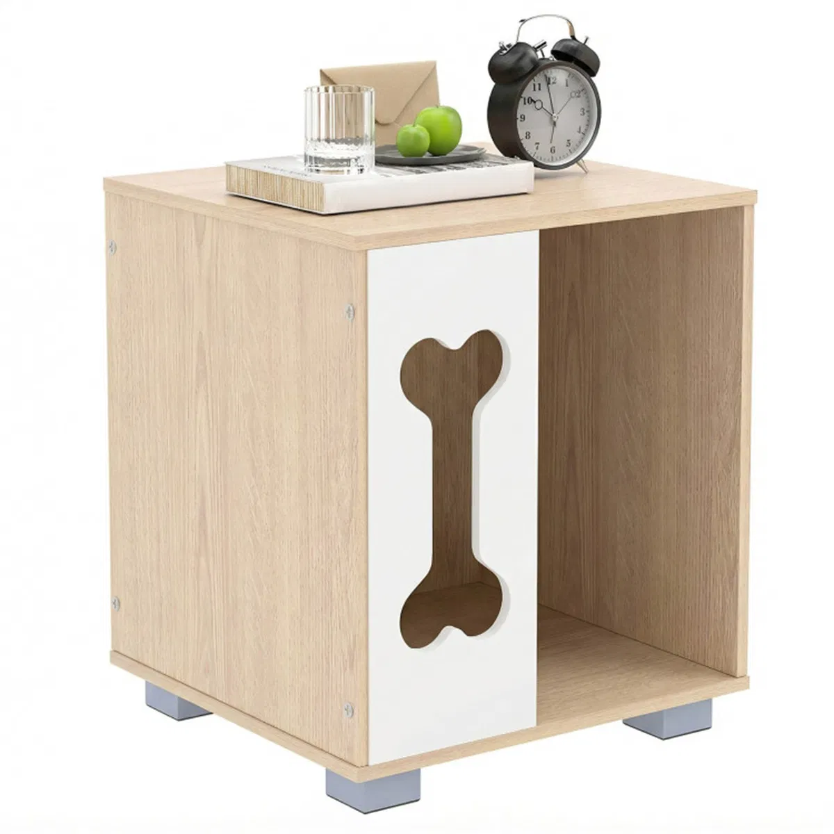 Cat Dog House Dog Bed Side Table Wooden Dog Condo with Bone-shape Window and Thick Metal Legs photo 1
