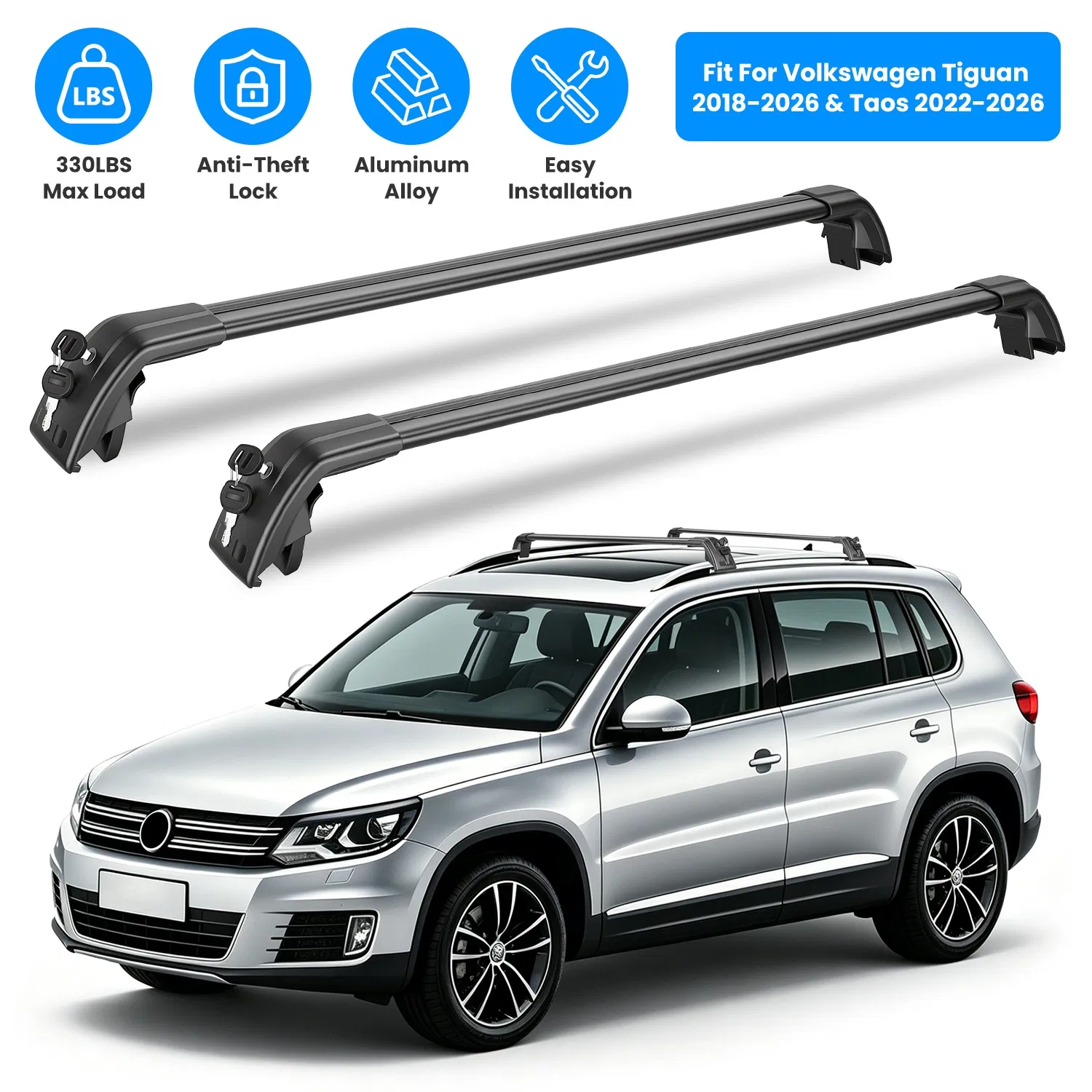 Roof Rack Cross Bars Fit for Volkswagen Tiguan 2018-2026 & Taos 2022-2026 with Factory Raised Side Rails Lockable Aluminum Roof Cargo Carrier Bars 330lbs Max Load for Luggage Kayaks Bikes photo 1