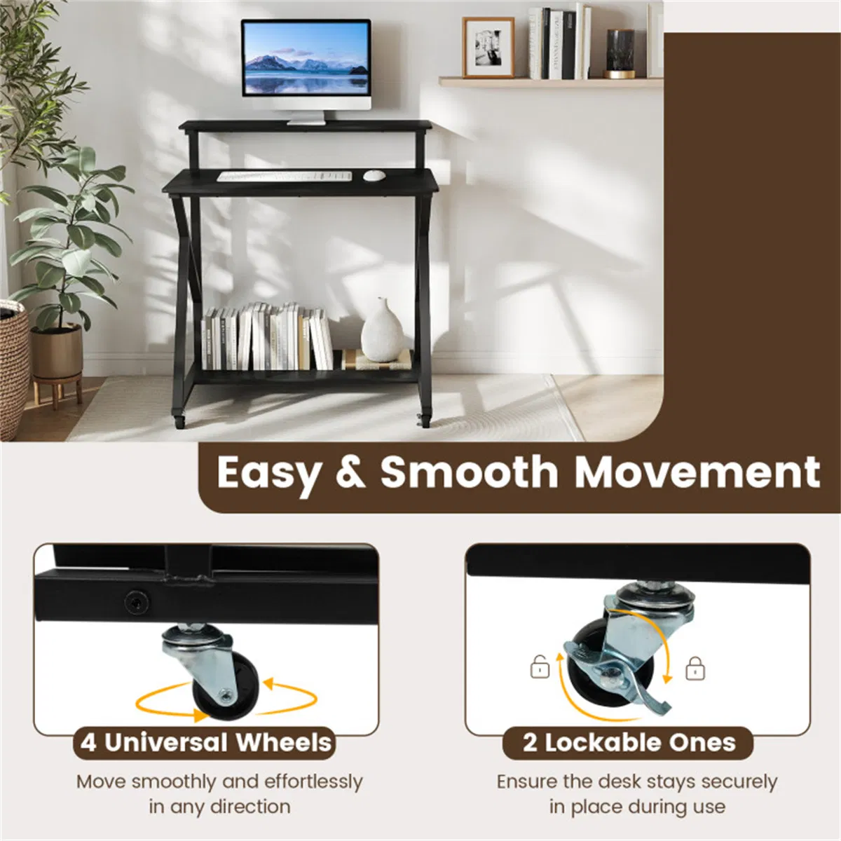 Black Rolling Computer Desk with Power Strip 32" Mobile Office Desk with Monitor Stand photo 4