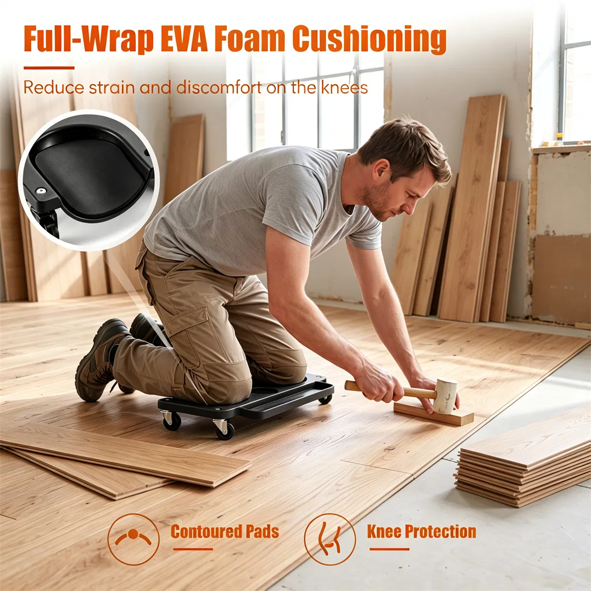 Black Rolling Knee Creeper with EVA Foam Cushioned Pads, 300 LBS Capacity Garage Knee Dolly with Magnetic & Long Tool Tray for Auto Repair Flooring Gardening Work photo 7