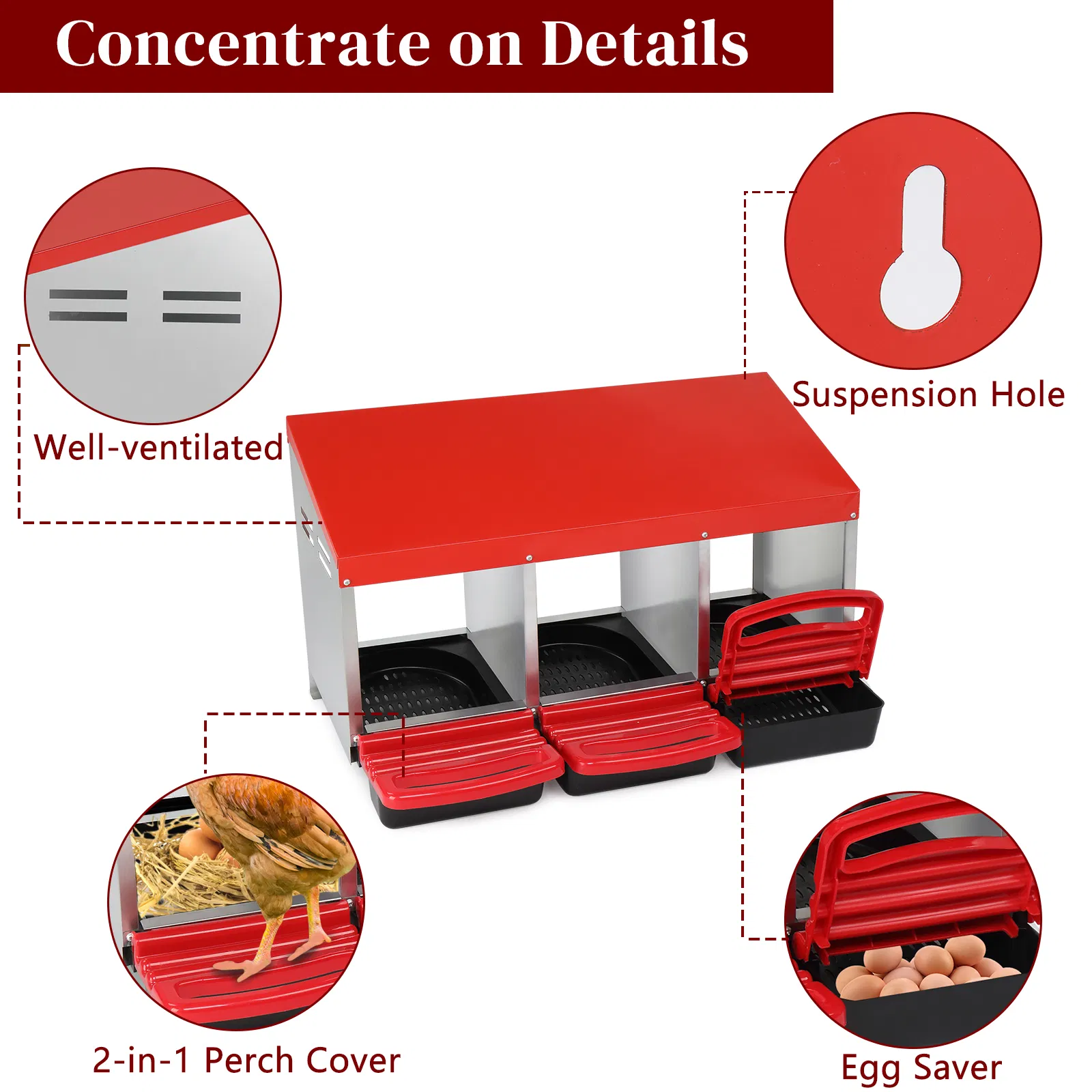 3 Compartment Roll Out Chicken Nesting Box with Plastic Basket, Egg Nest Box Chicken Laying Box Hens Chicken Coop Box, Red photo 6