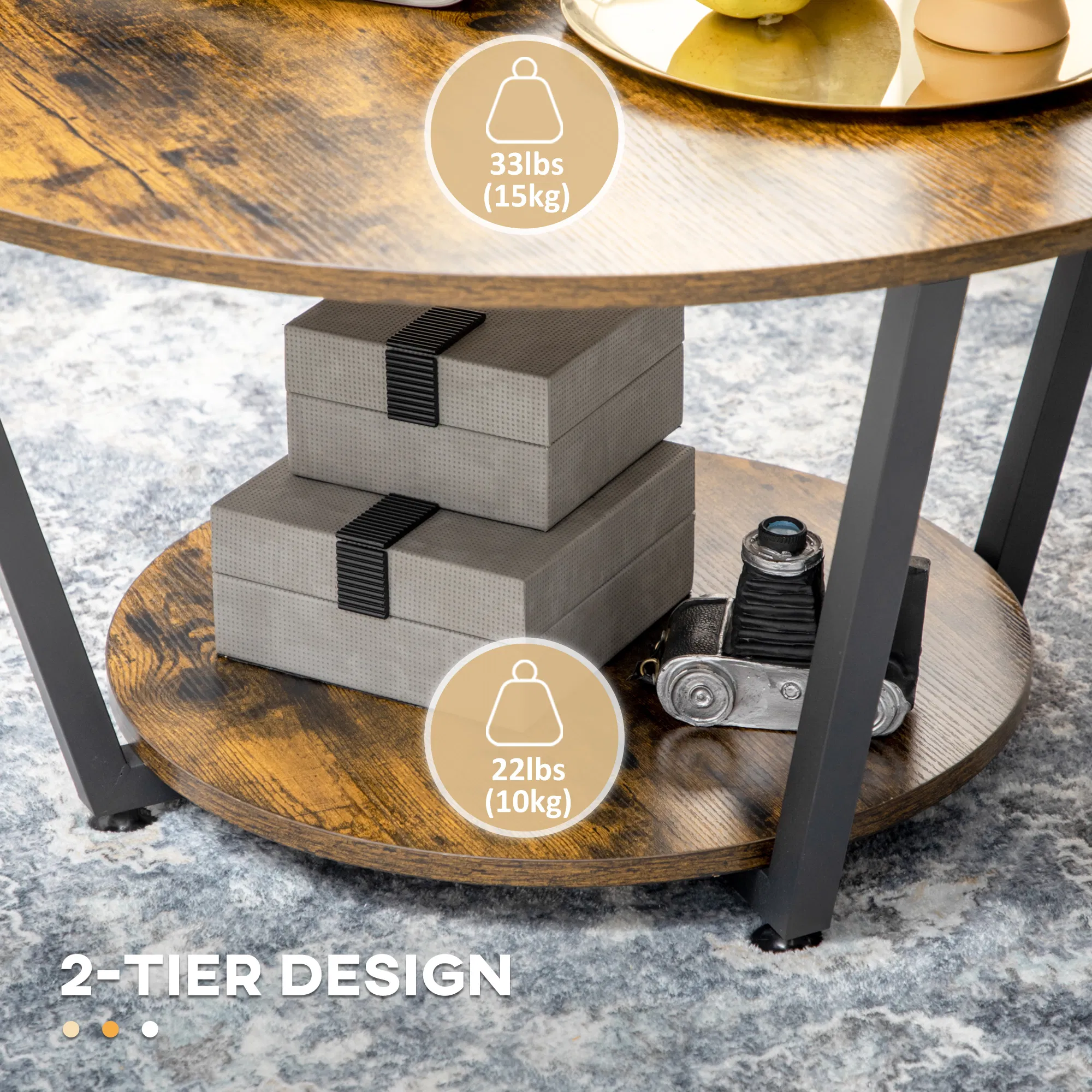 2-Tier Round Coffee Table with Storage Shelf, Industrial Center Table with Steel Frame for Living Room, Rustic Brown photo 5