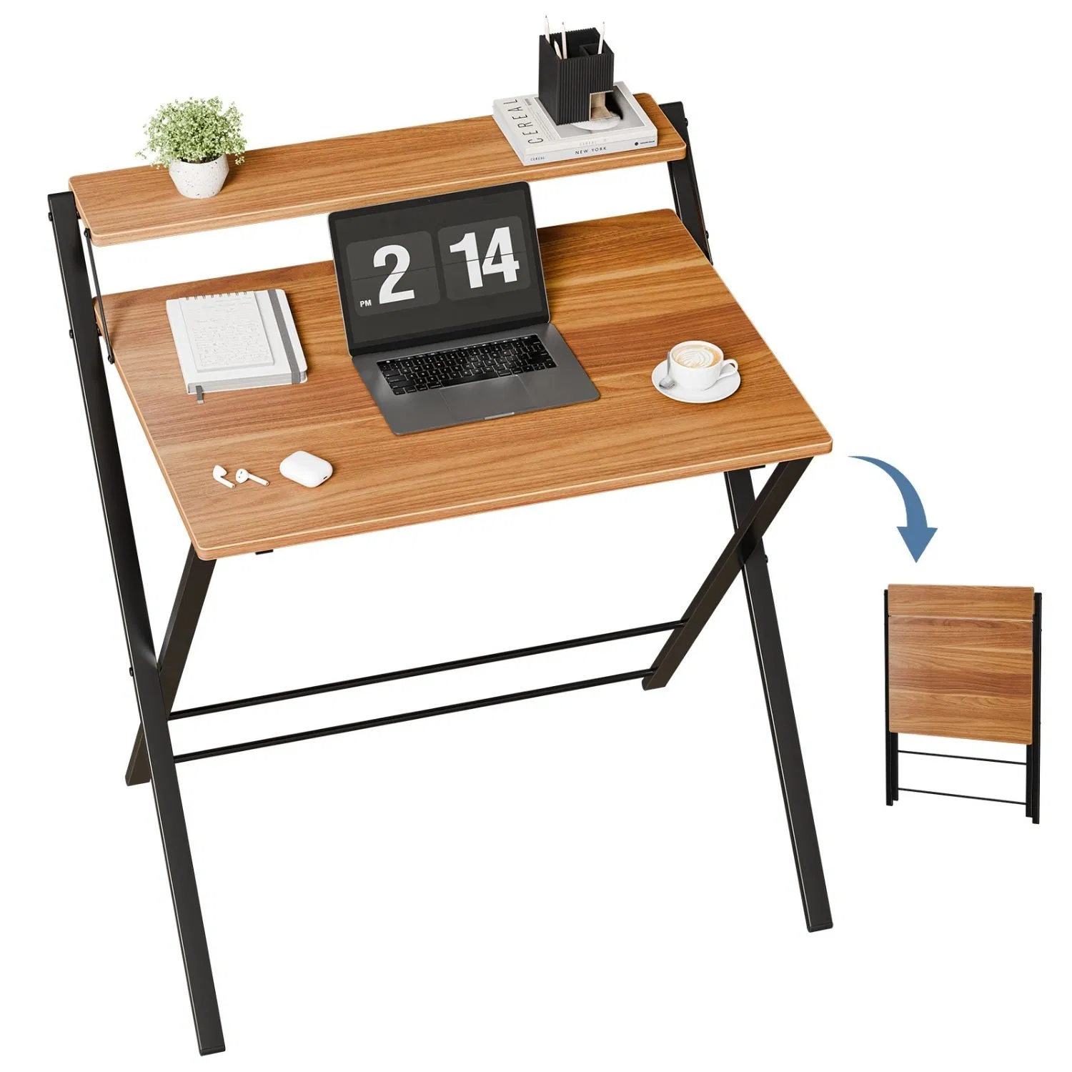 Small Folding Desk with Shelf, No-Assembly Foldable Computer Table for Tight Spaces, Portable Writing Desk for Office Dorm Apartment, Space Saving And Sturdy Metal Frame photo 1