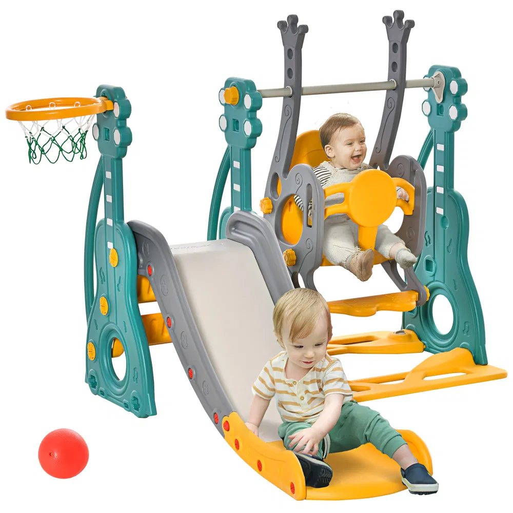 4-in-1 Kids Slide and Swing Set with Basketball Hoop and Adjustable Seat Height, Toddler Play Climber Slide Playset for Indoor and Outdoor Playground Activity Center photo 7