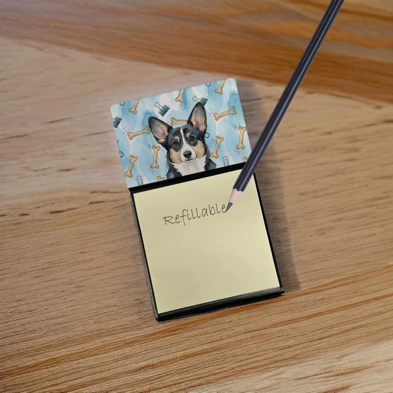 Black and White Cardigan Welsh Corgi Coworker Watercolor Sticky Note Holder Refillable Dispenser Desk Accessory 3x3 Pad Gift photo 6