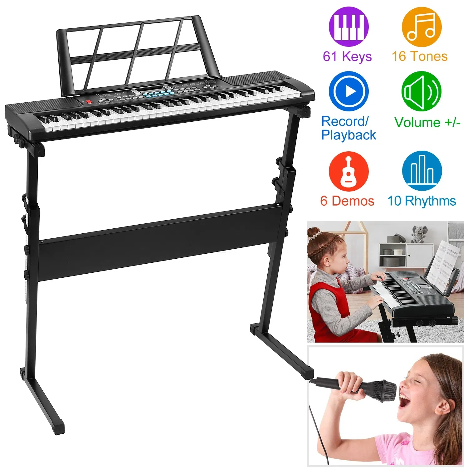 Multifunctional 61 Key Children's Piano Toy - Electronic Keyboard with 16 Tones, 8 Percussions, Volume Control & HD Display, Includes Stand Microphone for Early Music Education photo 1
