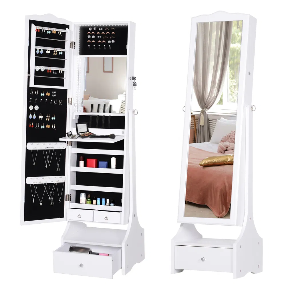 Standing Jewelry Armoire: With LED Lights, Full-Length Mirror, Adjustable Angle, White photo 7