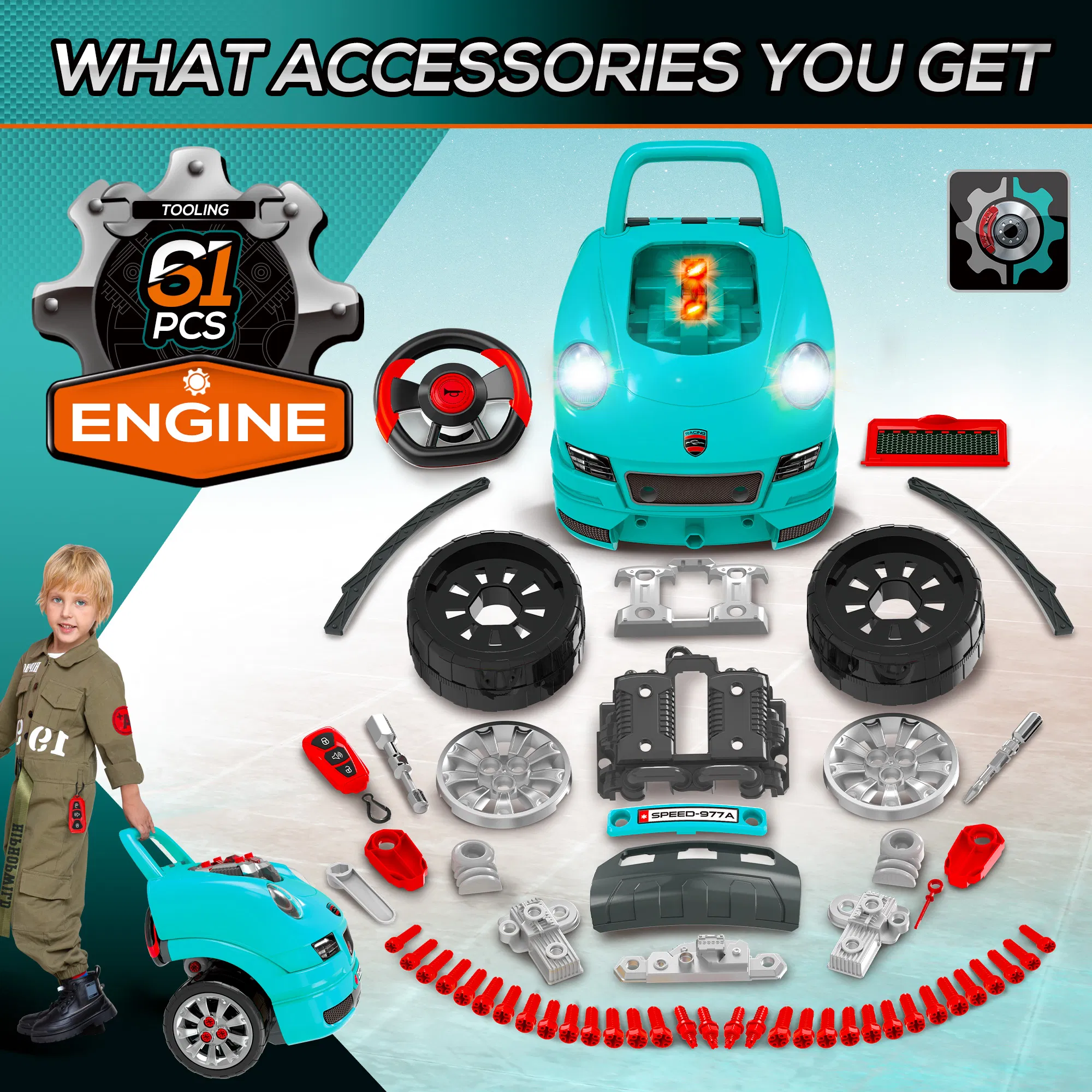 Mechanic Kids Truck Engine Toy Set, Car Service Play Set, Teal photo 5