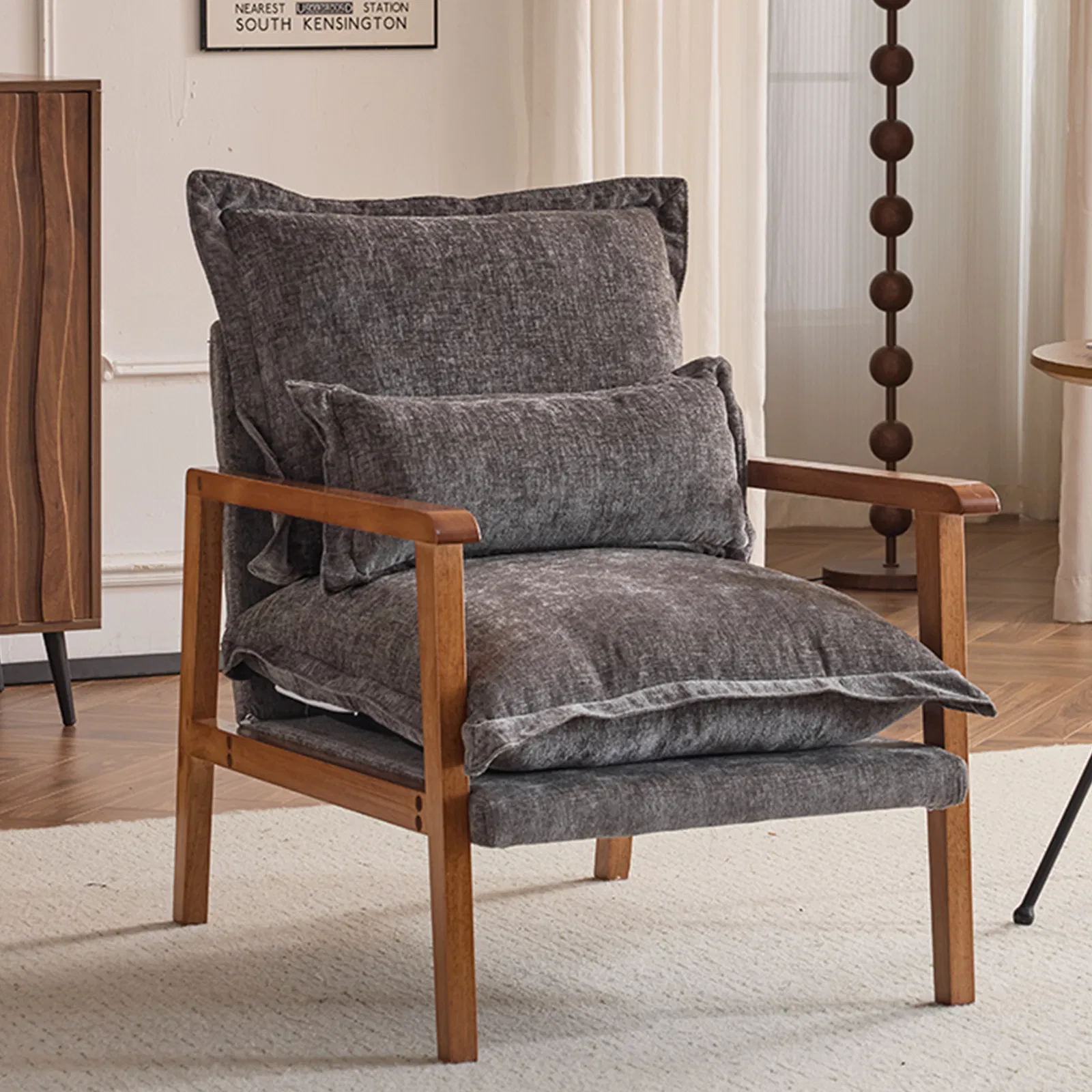 Cloud Shaped Indoor Leisure Chair with Solid Wood Armrest & Solid Wood Frame, Chenille Fabric Accent Chair with Lumbar Pillow, Single Sofa Chair Dark Grey photo 1