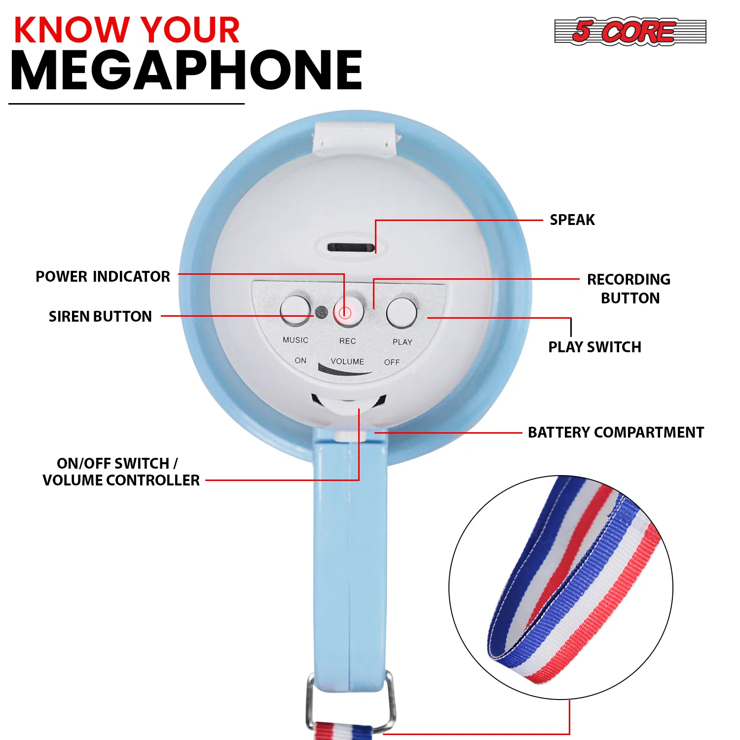 5Core Megaphone 15W Bull Horn Kids PA Speaker w 400 Yards Range Siren Lightweight Loud Mini Megafono photo 6