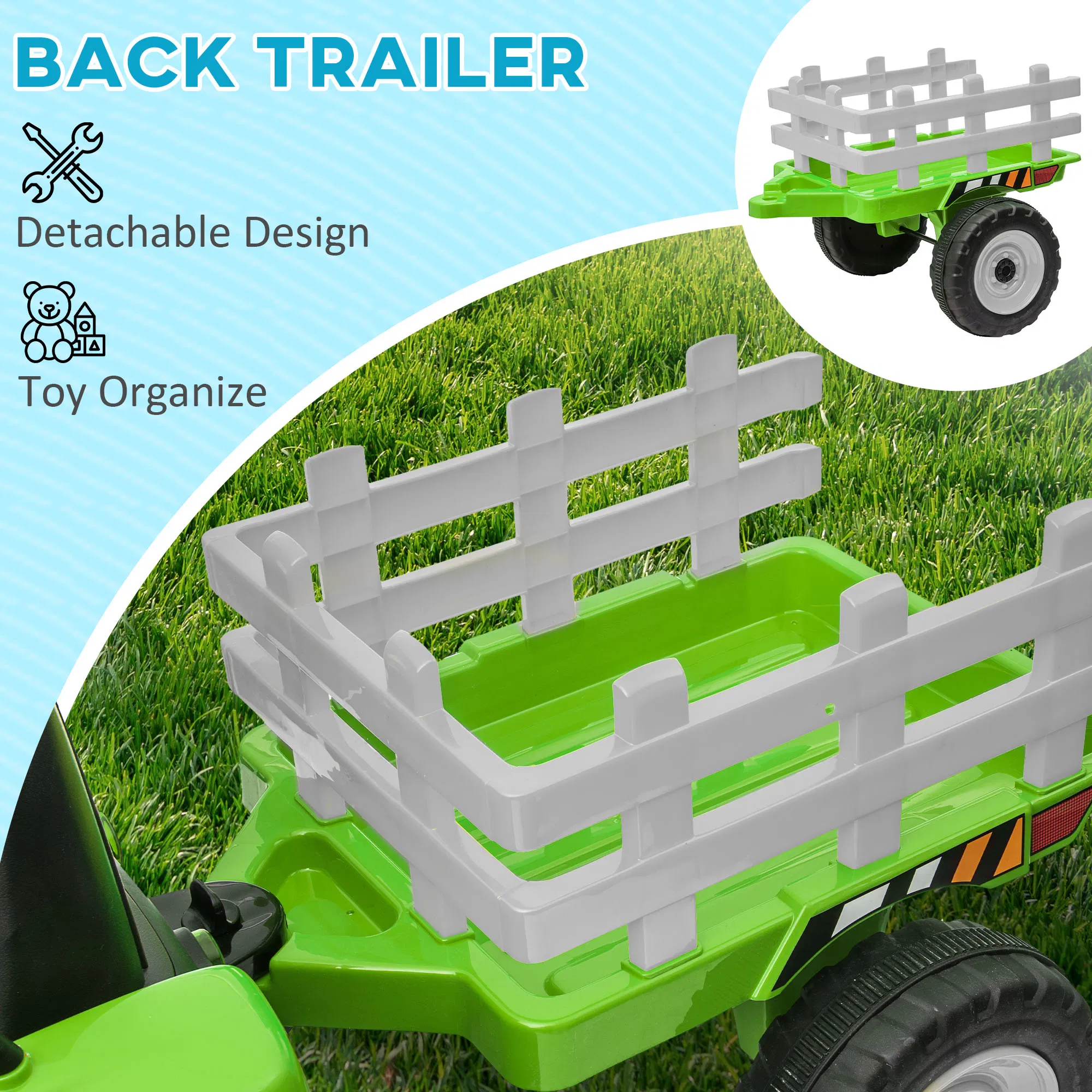 12V Kids Ride on Tractor with Trailer, Battery Powered Electric Tractor with Remote Control, Music Start up Sound and Horn, USB, LED Lights, Green photo 3