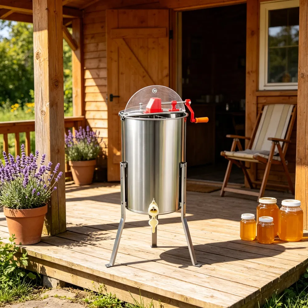 3-Frame Manual Honey Extractor, Stainless Steel Beekeeping Honey Spinner with Adjustable Stand & Lid photo 7