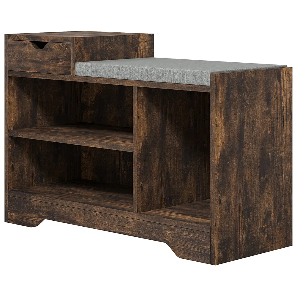 Upholstered Shoe Storage Bench, Hallway Shoe Storage with Seat, Drawer, 3 Open Shelves for Entryway, Rustic Brown photo 2