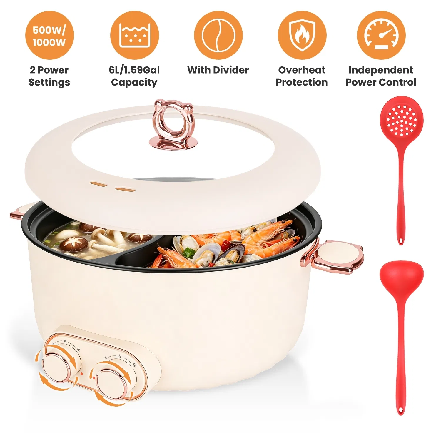 6 Liter Dual-Flavor Electric Shabu Shabu Hot Pot for 3-6 Guests, Non-Stick Coating Stainless Steel Hot Pot with Transparent Steam Vent Lid, Cool Wide Handles & Raised Stable Base for Home Dinner Party photo 1