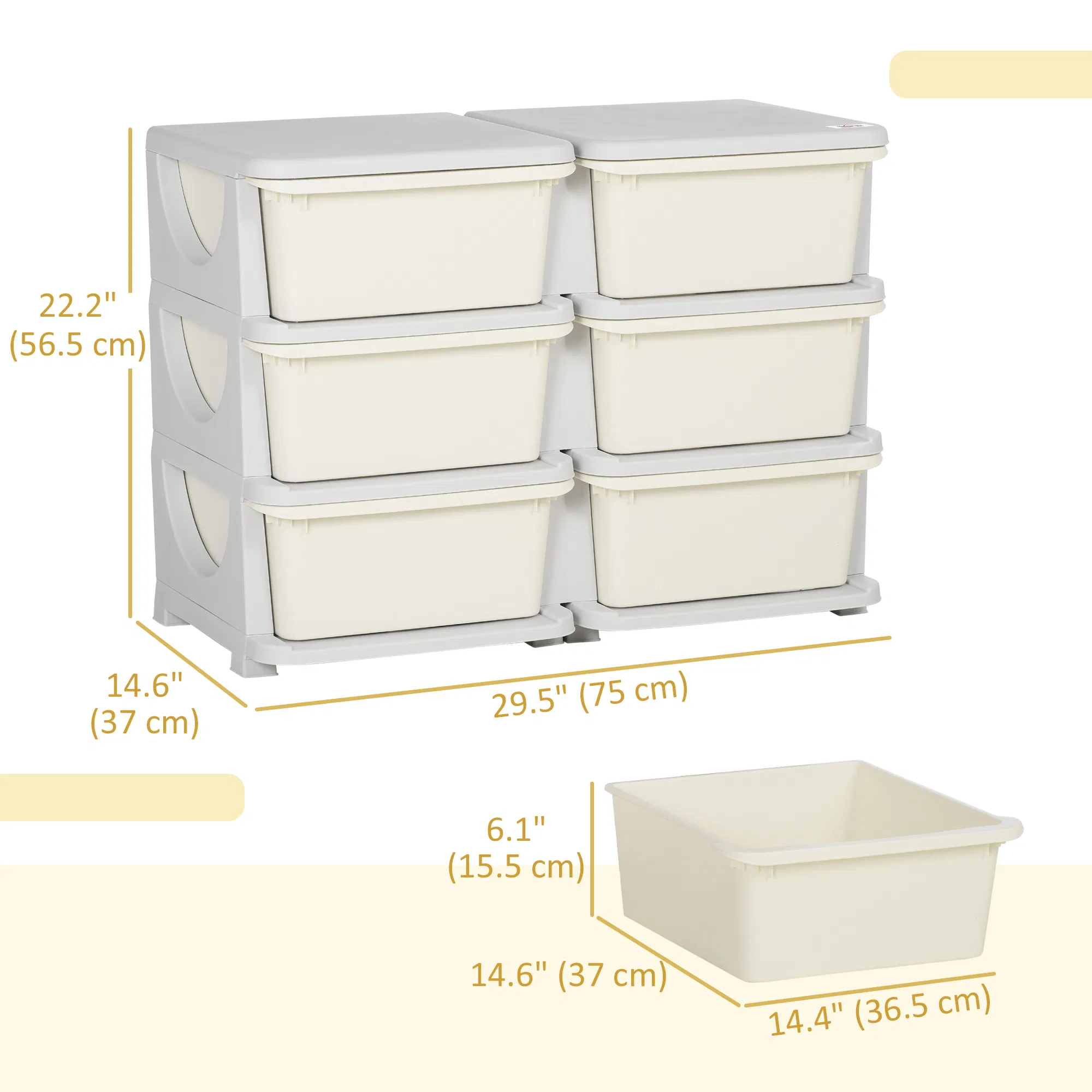 3 Tier Kids Toy Organizer and Storage Bins with 6 Plastic Drawers, Cream White photo 2