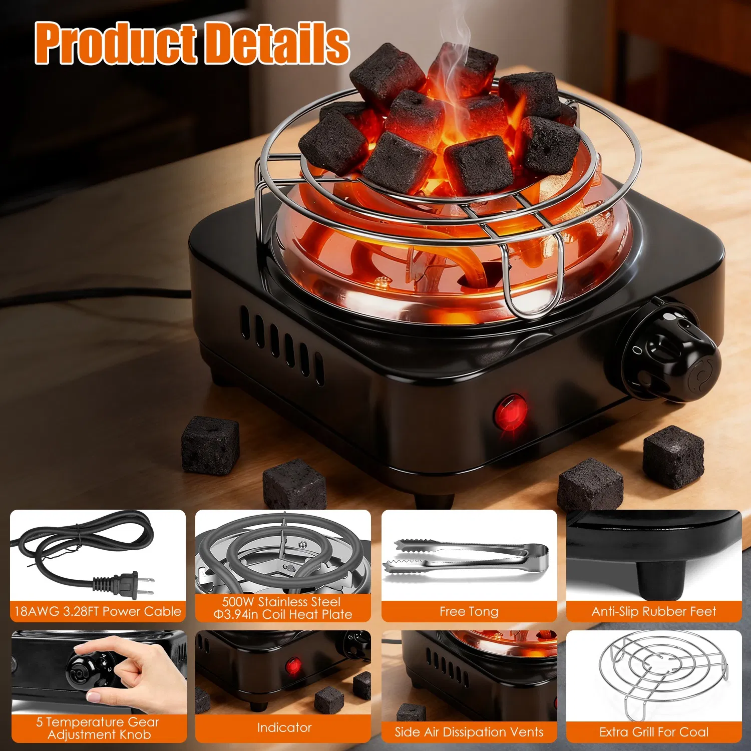 Fast Heating Hookah Coal Heater 500W - 5 Temperature Gears, Safe Thermostat Design, Rust-Resistant Stainless Steel, Bonus Tongs & Grid for Indoor/Outdoor BBQ photo 2