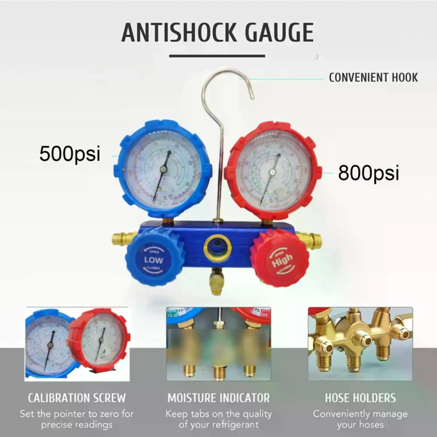 R134/R22/R404A/R407C Dual Manifold Gauge Set – AC Refrigerant Diagnostic Recharge Kit with Hoses, Adjustable Adapters, Can Tap, Valve Core Tool, for Car Air Conditioning photo 4