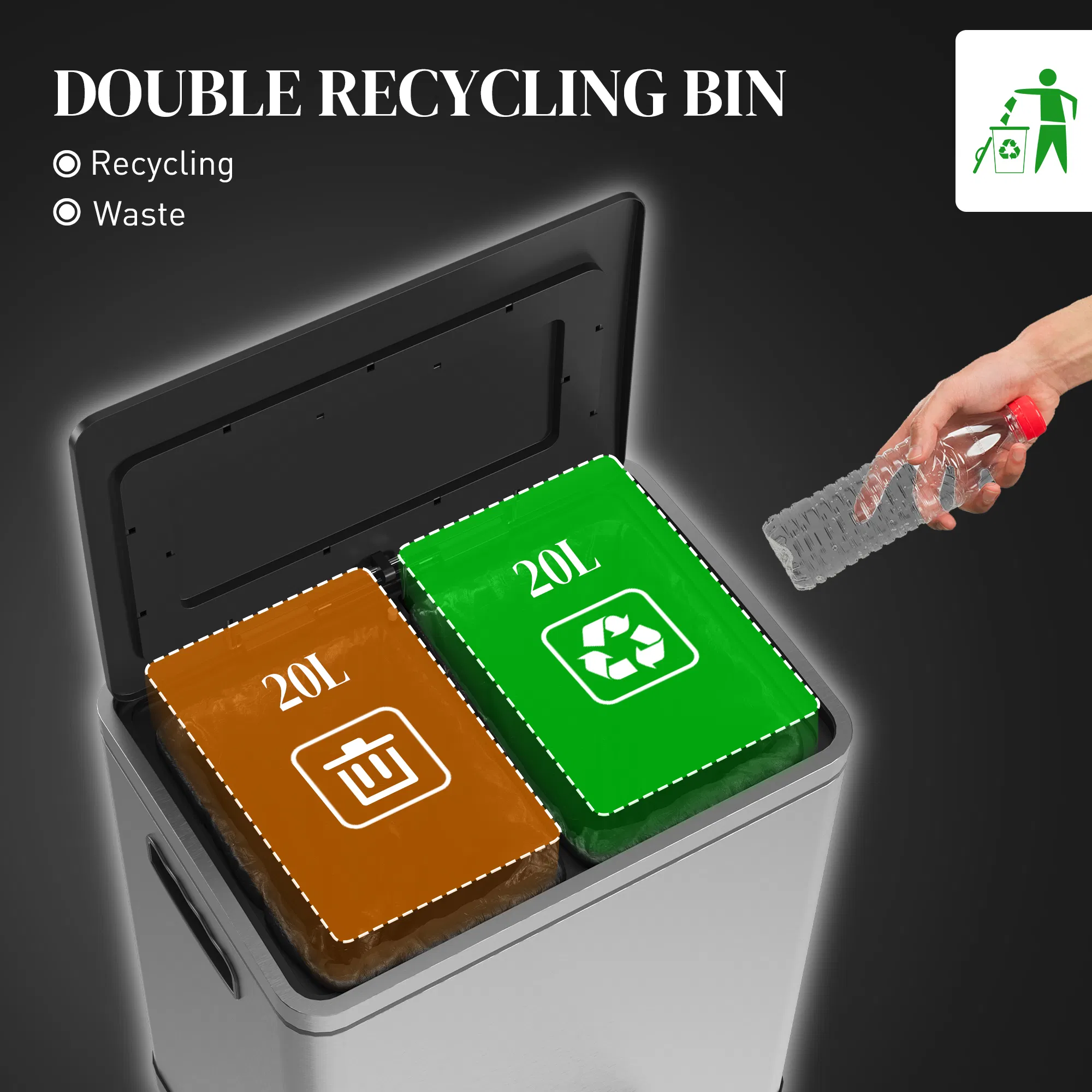 2 x 20 Liter Garbage Bin, Stainless Steel Garbage Can with Soft-Close Lid and Removable Inner Buckets, Silver photo 2