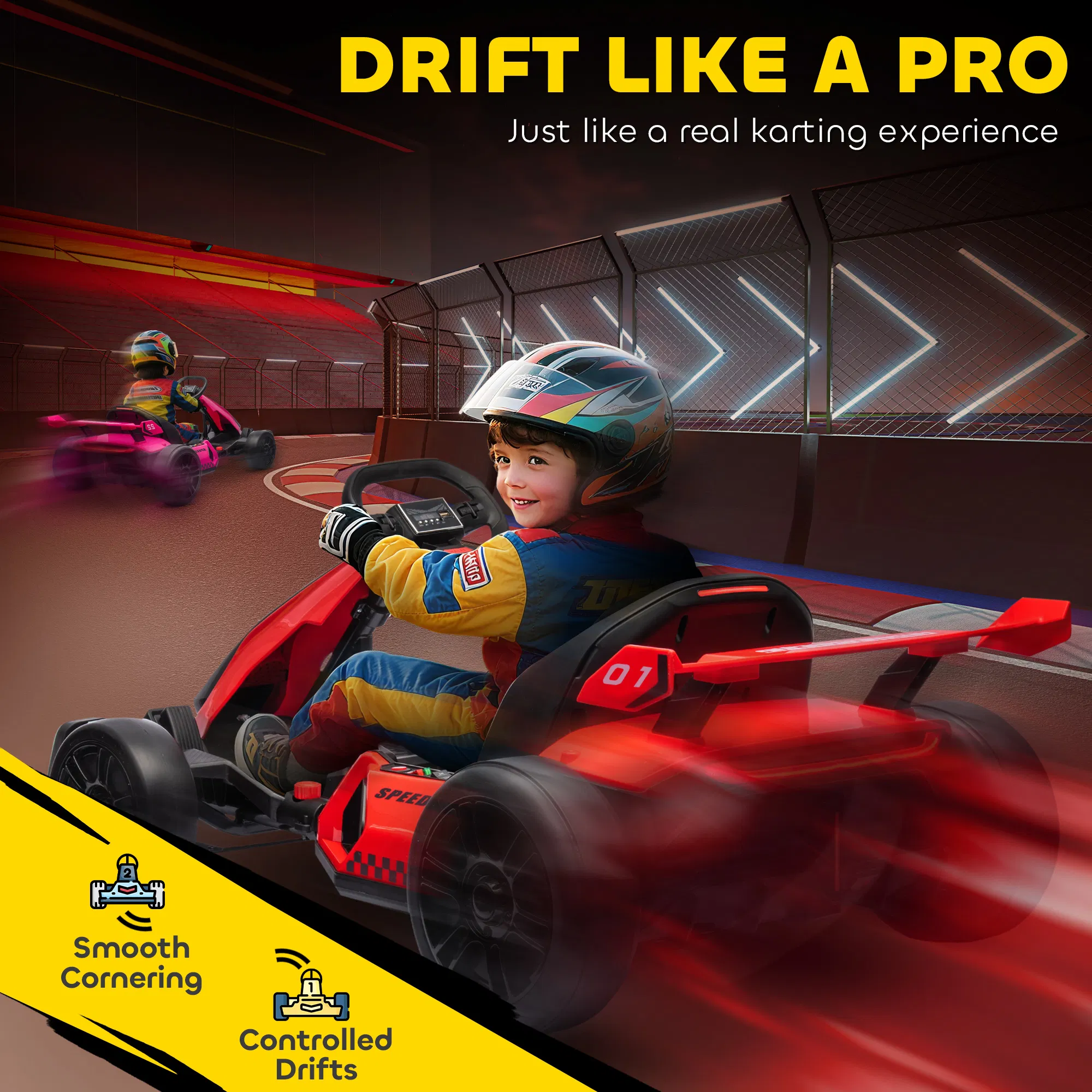 24V Electric Go Kart, Battery Powered Kids Drift Kart with Adjustable Seat, Seat Belt, Horn, Music, Light, Red photo 6