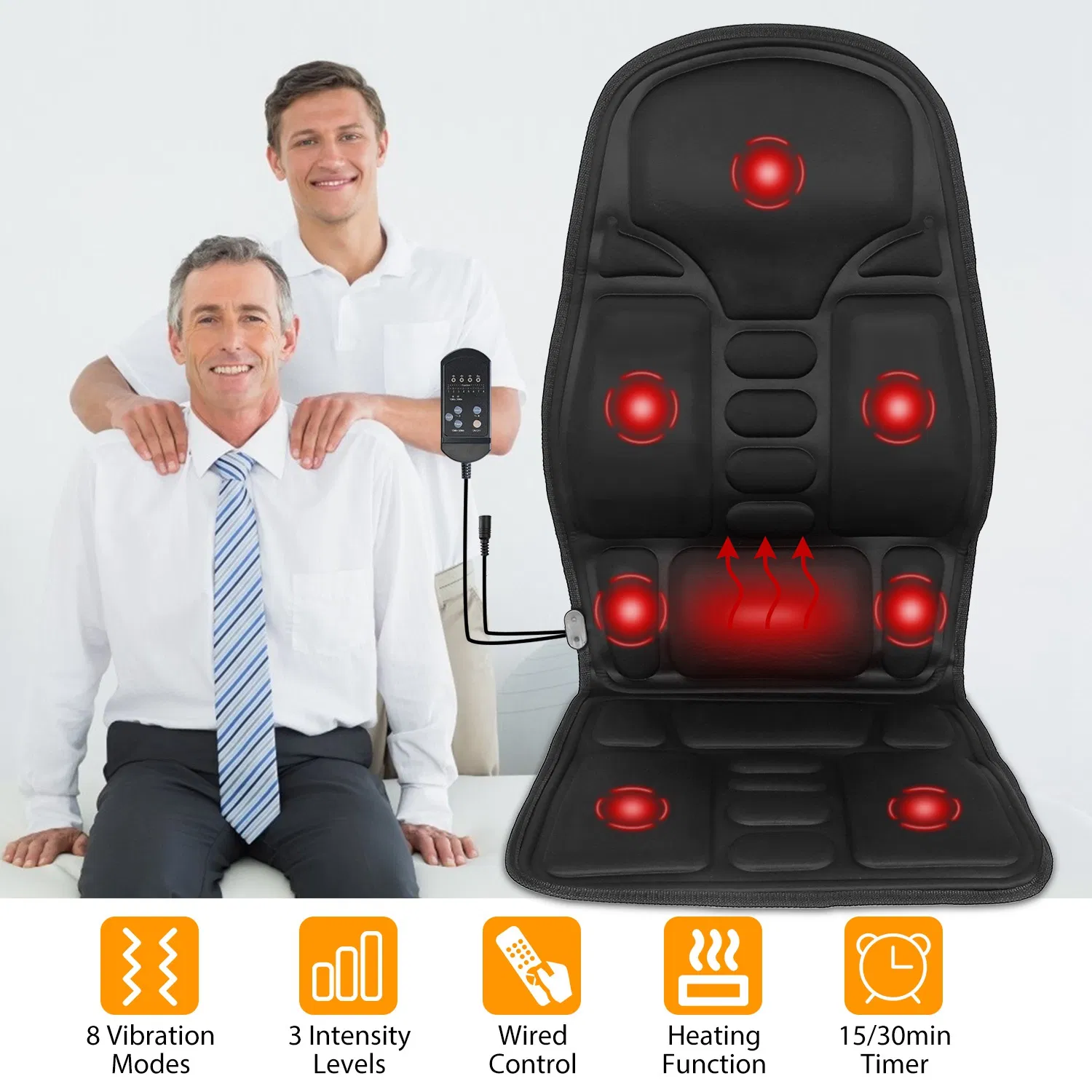 Back Massager Cushion Electric Massage Car Seat Cushion Chair Pad w/ Heating Function 8 Vibration Modes 3 Intensity Levels photo 1