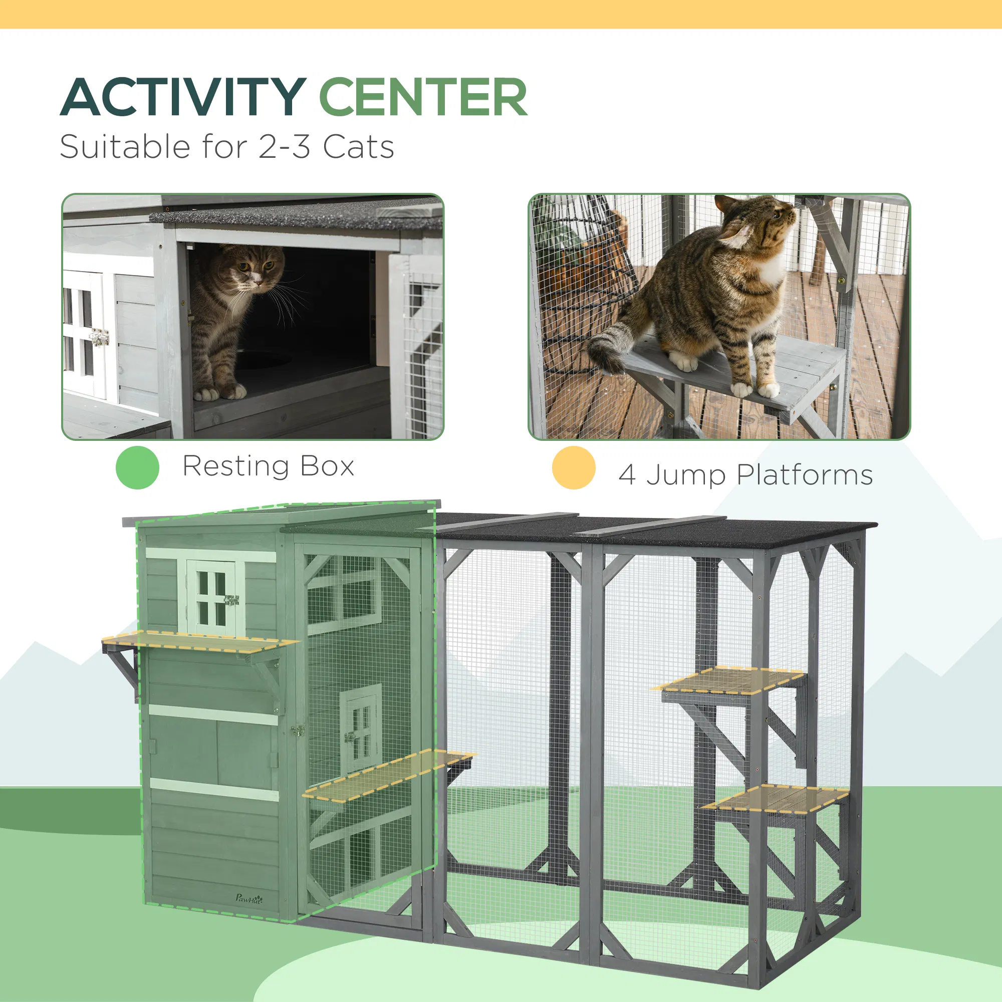Wooden Cat Catio, 76"L Walk in Outdoor Cat House with Asphalt Roof, Platforms, Lockable Doors, 3-tier Resting Condo, Observation Window, for 2-3 Cats, Light Grey photo 6