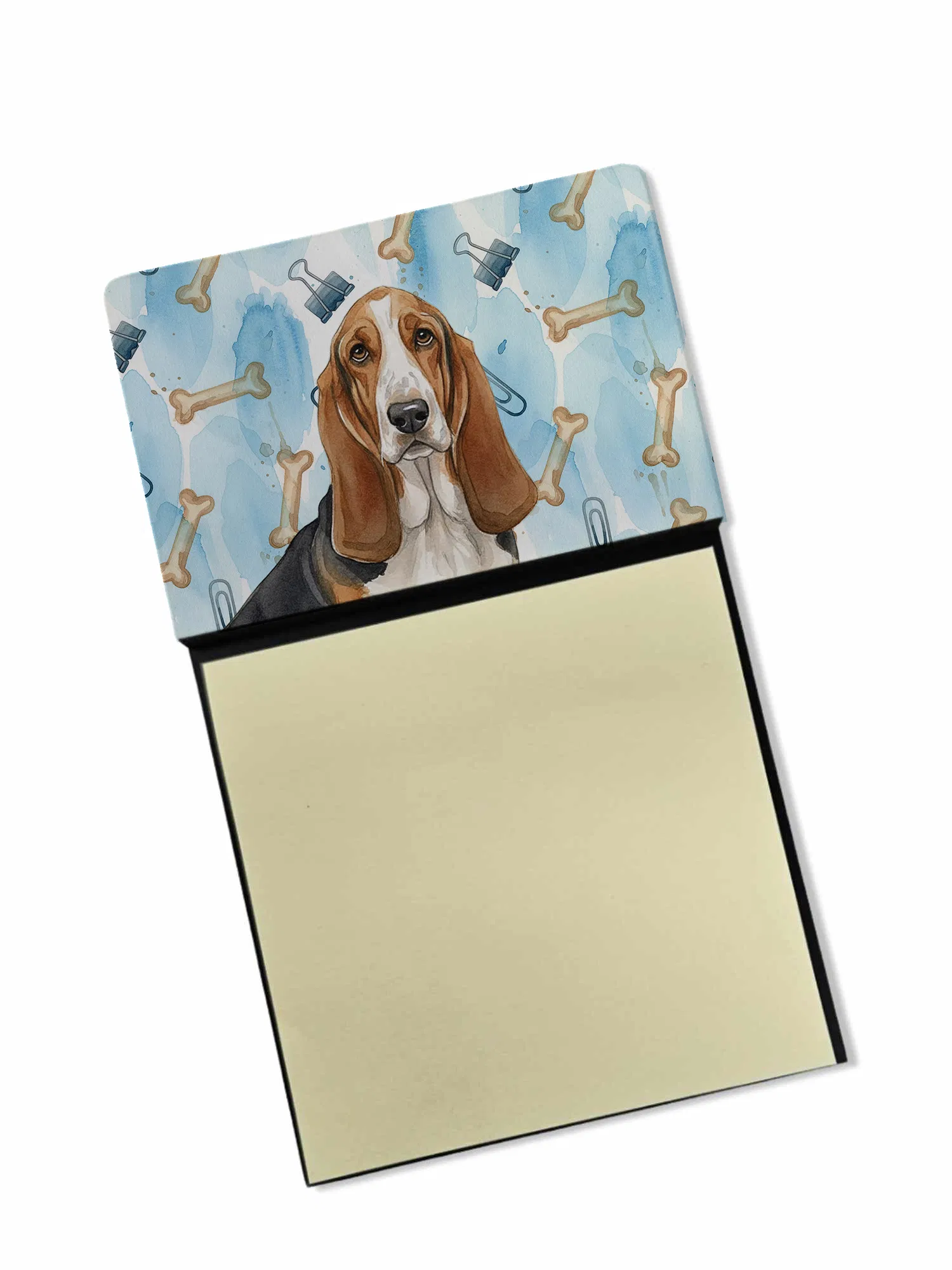 Tricolor and White Basset Hound Coworker Watercolor Sticky Note Holder Refillable Dispenser Desk Accessory 3x3 Pad Gift photo 1