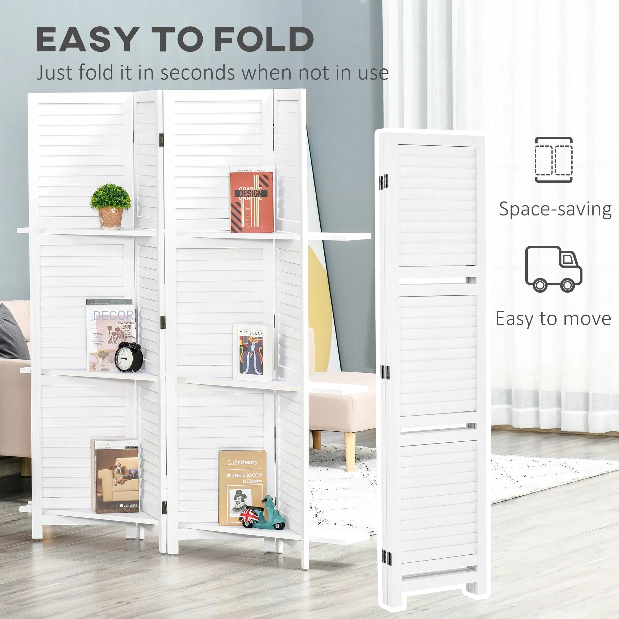 4-Panel Wall Partition Room Separator with 3 Storage Shelves Foldable Design Wooden Frame 5.6FT White photo 3