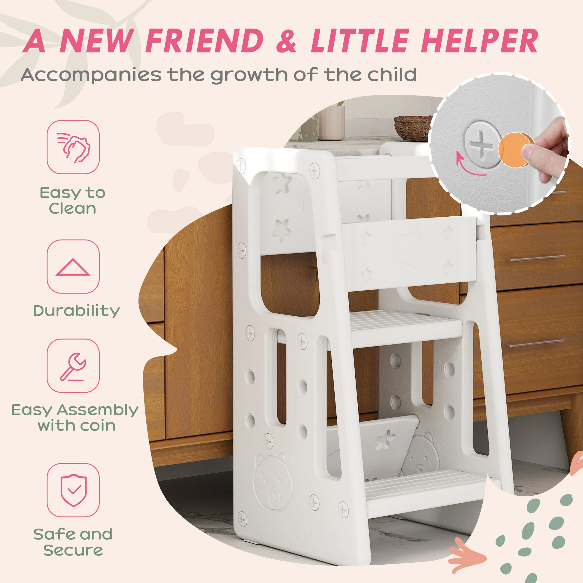 Toddler Kitchen Helper 2 Step Stool with Adjustable Height Platform and Safety Rail, White photo 2