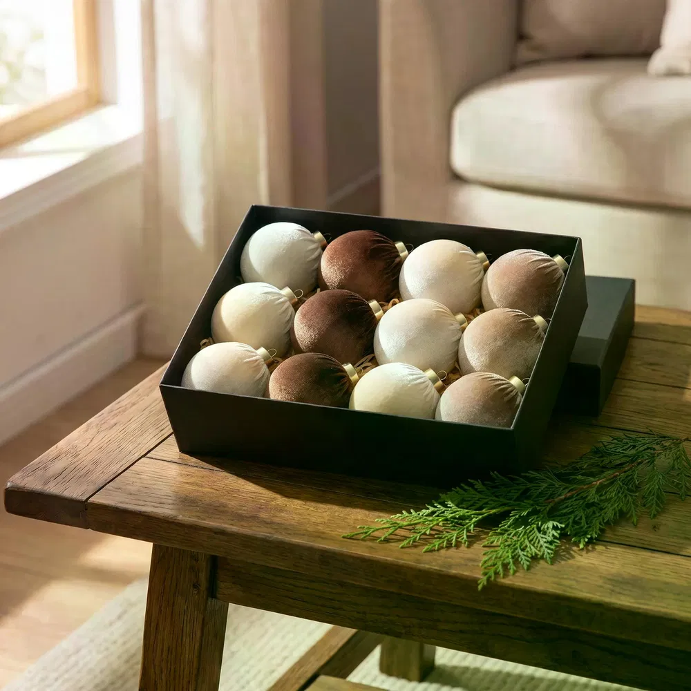12Pcs Velvet Christmas Balls Ornaments Set, 80mm(3.15inch) Fabric Wrapped Xmas Baubles, Neutral Coffee Cream White Hanging Decorations for Christmas Tree Holiday Home Party photo 8