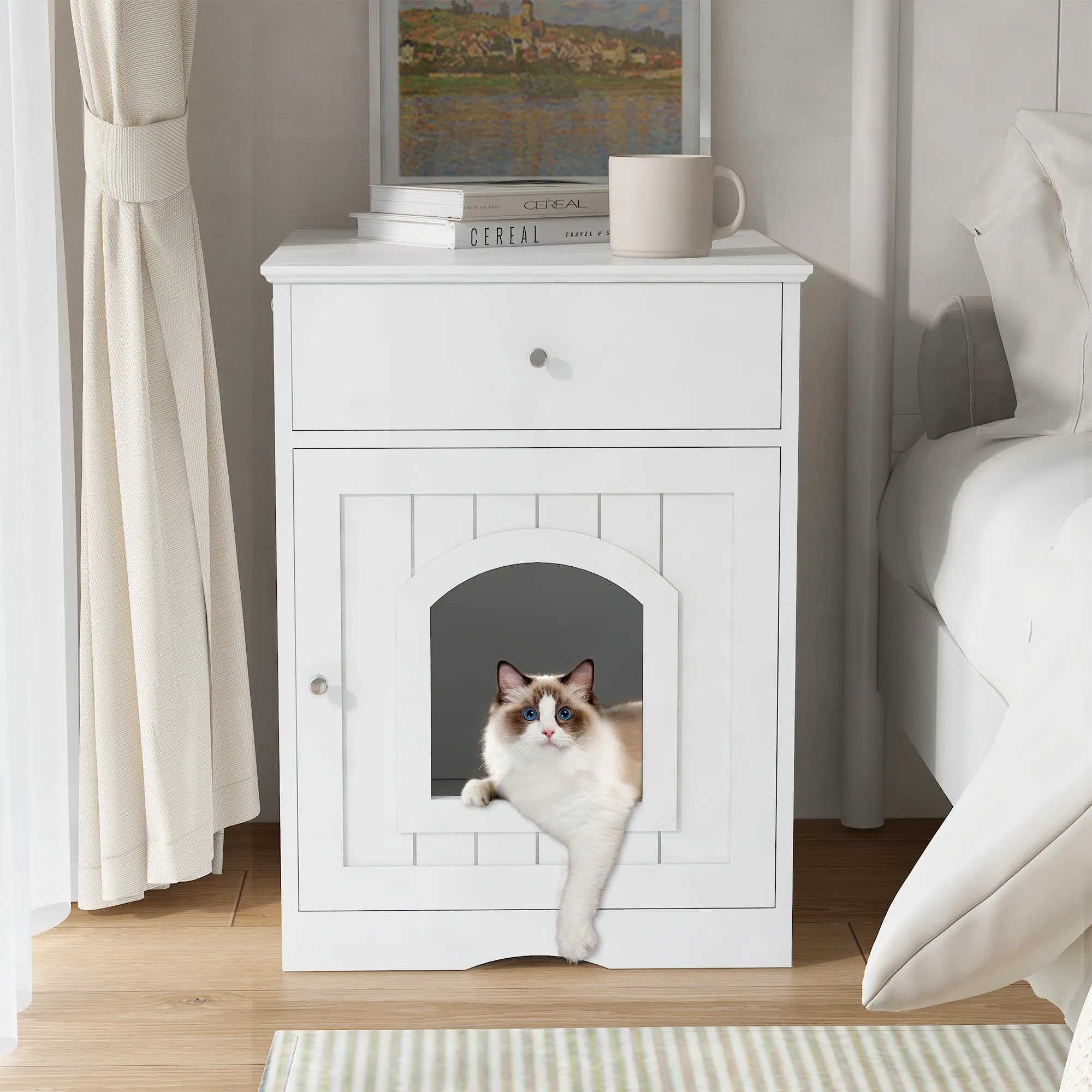 Wooden Pet House Cat Litter Box Enclosure with Drawer, Side Table, Indoor Pet Crate, Cat Home Nightstand (White) photo 1