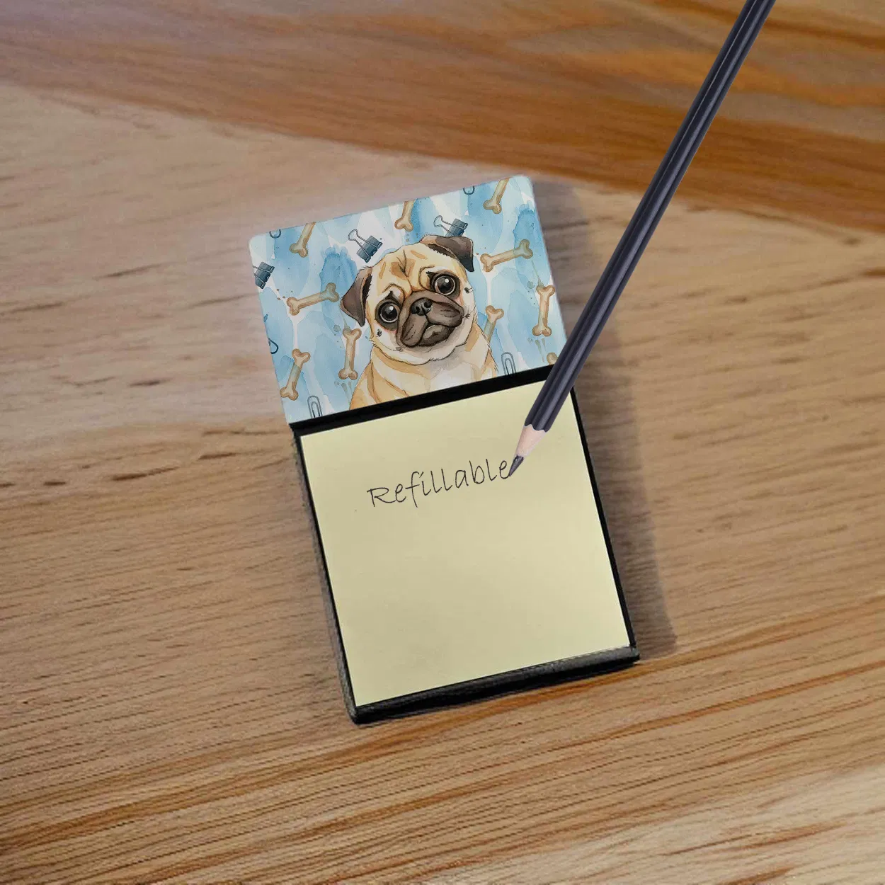 Fawn Pug Coworker Watercolor Sticky Note Holder Refillable Dispenser Desk Accessory 3x3 Pad Gift photo 4