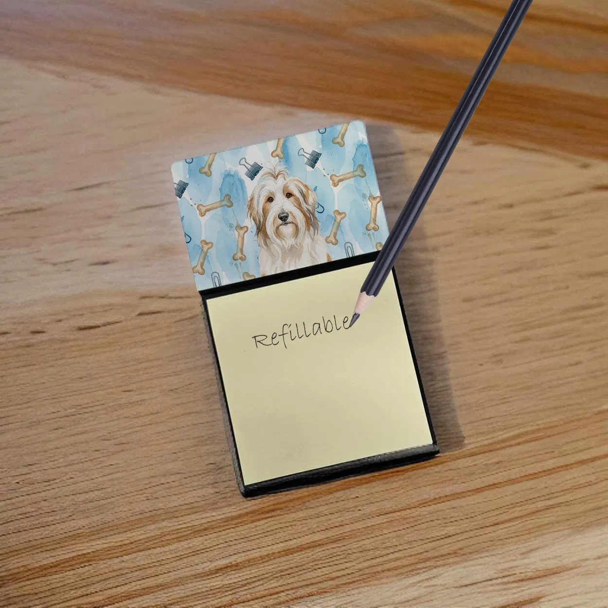 White and Tan Bearded Collie Coworker Watercolor Sticky Note Holder Refillable Dispenser Desk Accessory 3x3 Pad Gift photo 2