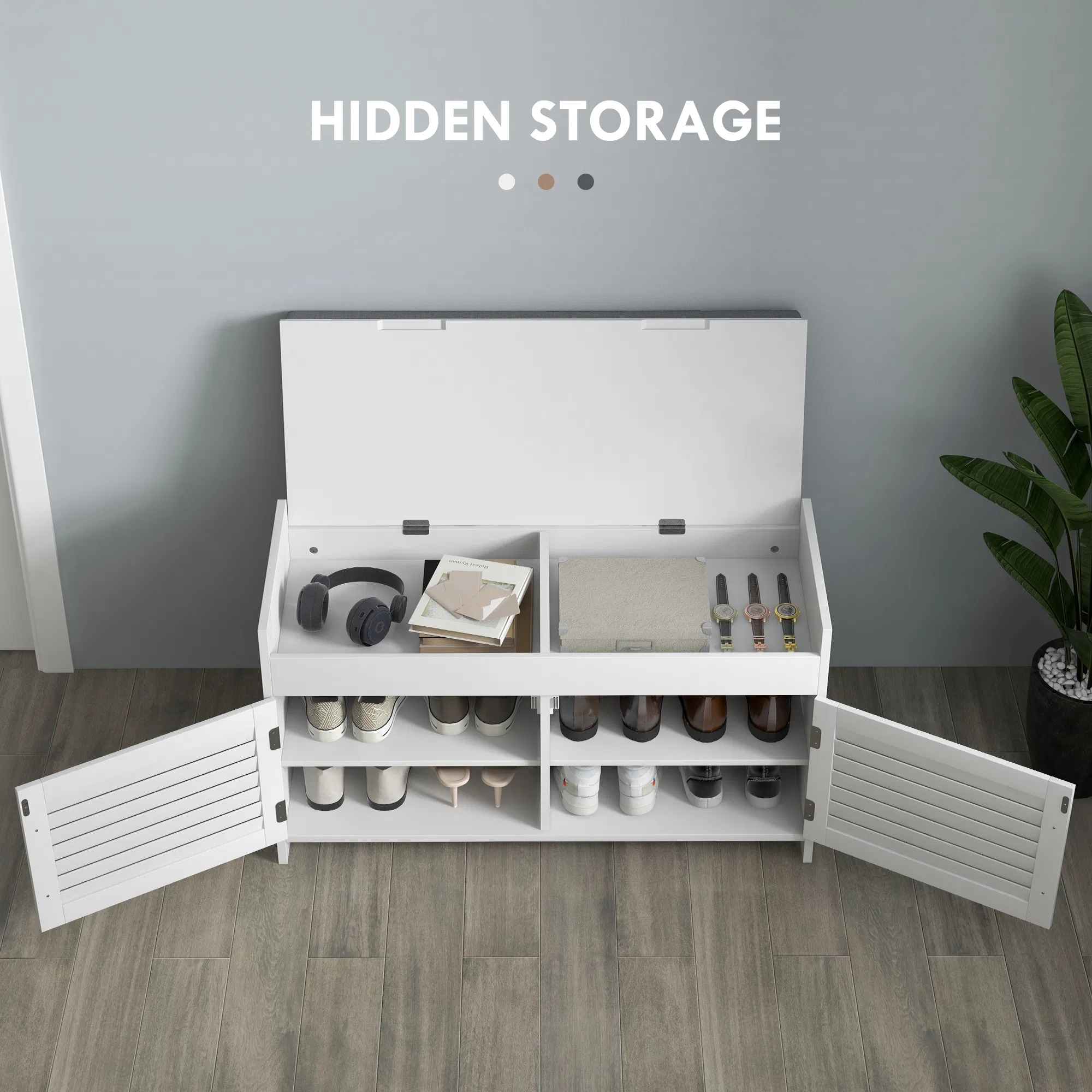 Entryway Bench with Cushion, Hidden Storage, Adjustable Shelves and Shutter Doors, 35.4" Shoe Bench, White photo 4