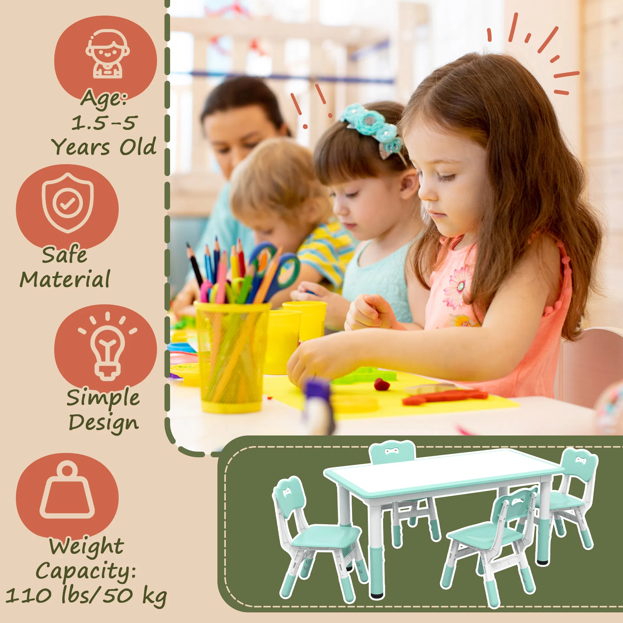 Kids Table and Chair Set with 4 Chairs, Adjustable Height, Easy to Clean, for 1.5 - 5 Years Old, Green photo 4