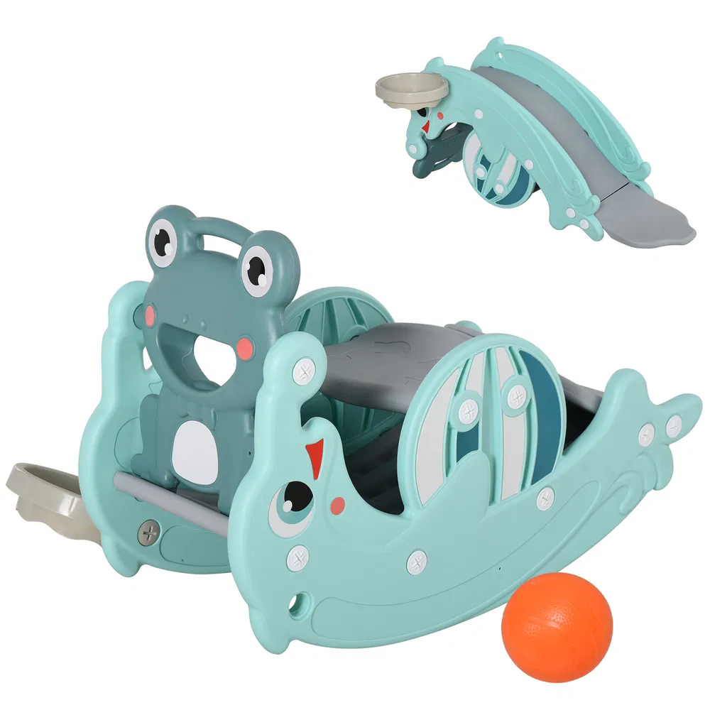 3-in-1 Kids Slide And Rocking Horse Dual-Use Children Activity Equipment Portable Slide Indoor Outdoor Playground Toy W/ Basketball Hoop Toddler Birthday Gift, Age 1.5-3, Green photo 7